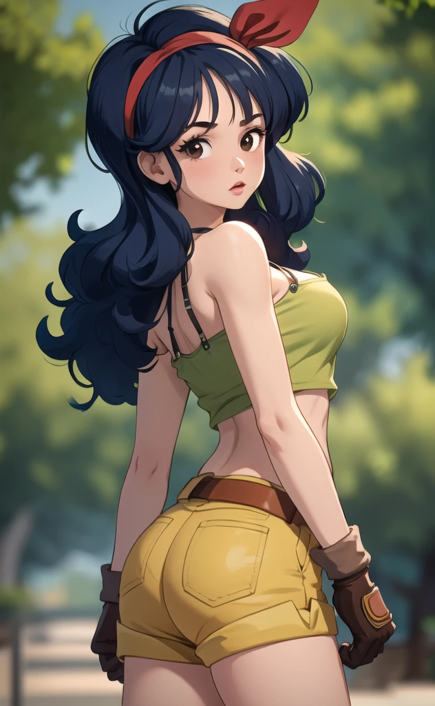 ((masterpiece, best quality)), insaneres, absurdres, solo, looking at viewer,
BlackHair_GoodLaunch_ownwaifu,
1girl, long hair, blue hair, curly hair, hair ribbon, black eyes, medium breasts, red hairband, eyelashes, bangs, 
green shirt,  crop top, midriff, fingerless gloves, cleavage, bare shoulders, navel, short shorts, collarbone, yellow shorts, tank top, belt, brown gloves, 
 outdoors, lens flare, depth of field, bokeh, vanishing point,
(contrapposto, looking back)