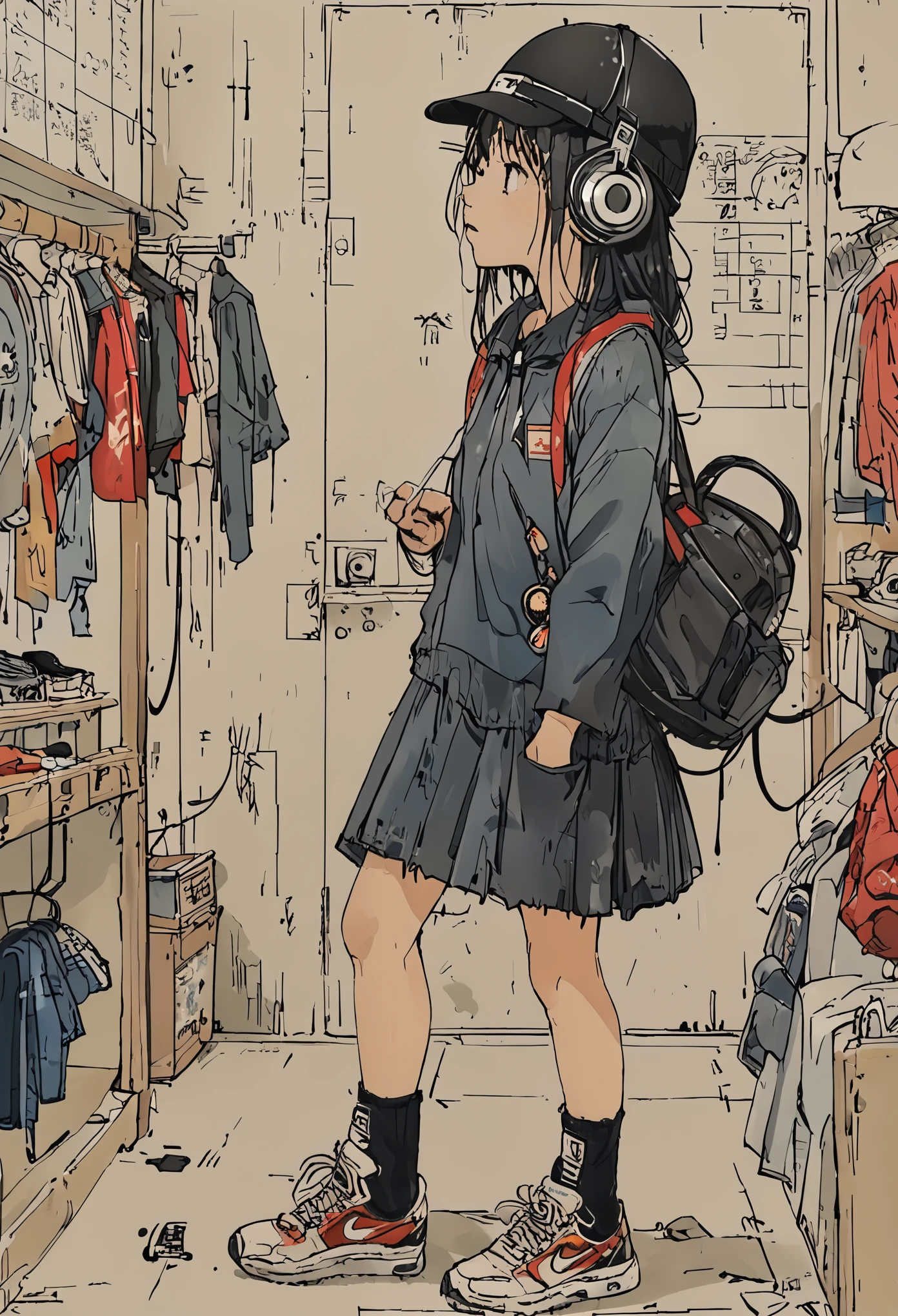 sketch、Ink Painting、 beautiful japanese girl、Kawanabe Kyosai's style、uniform、Nike sneakers、Shibuya、Headphones、Knitted hat、Rack Sack、Look down、Depression、from adove