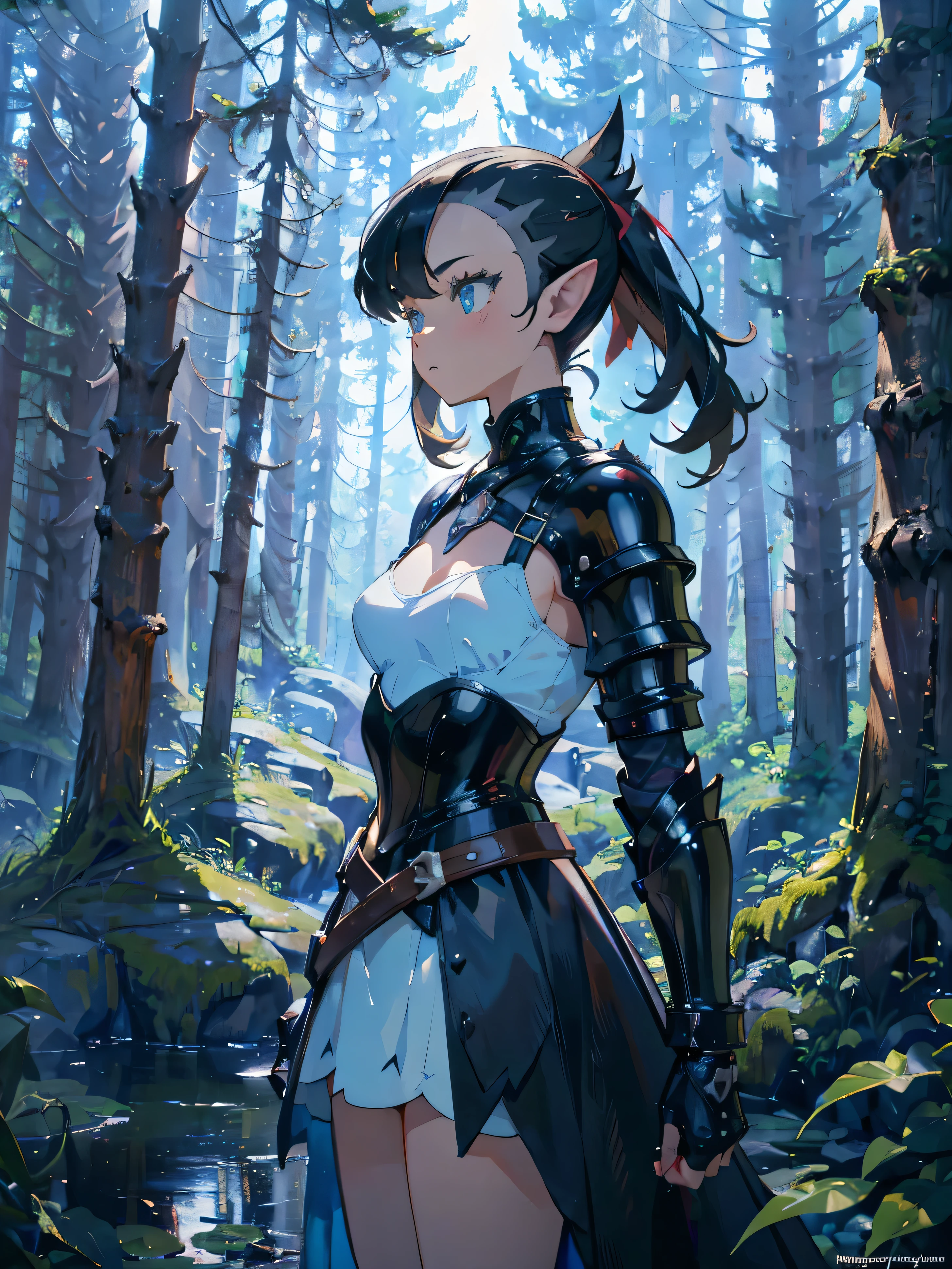 solo 1girl, (marnie pokemon), ((masterpiece)), ((high resolution)), ((best quality)), extremely fine and beautiful, supene illustration, (insanely detailed anime eyes), detailed face, vivid and beautiful, shocking sensation, incredibly detailed, beautiful detailed girl, front view, facing at viewer, profile, perfect shadow, realistic lighting shaded, (black hair), (small breast), ((elf ears)), (black armor), ((front)), heavy armor, medieval armor, ((forest background))