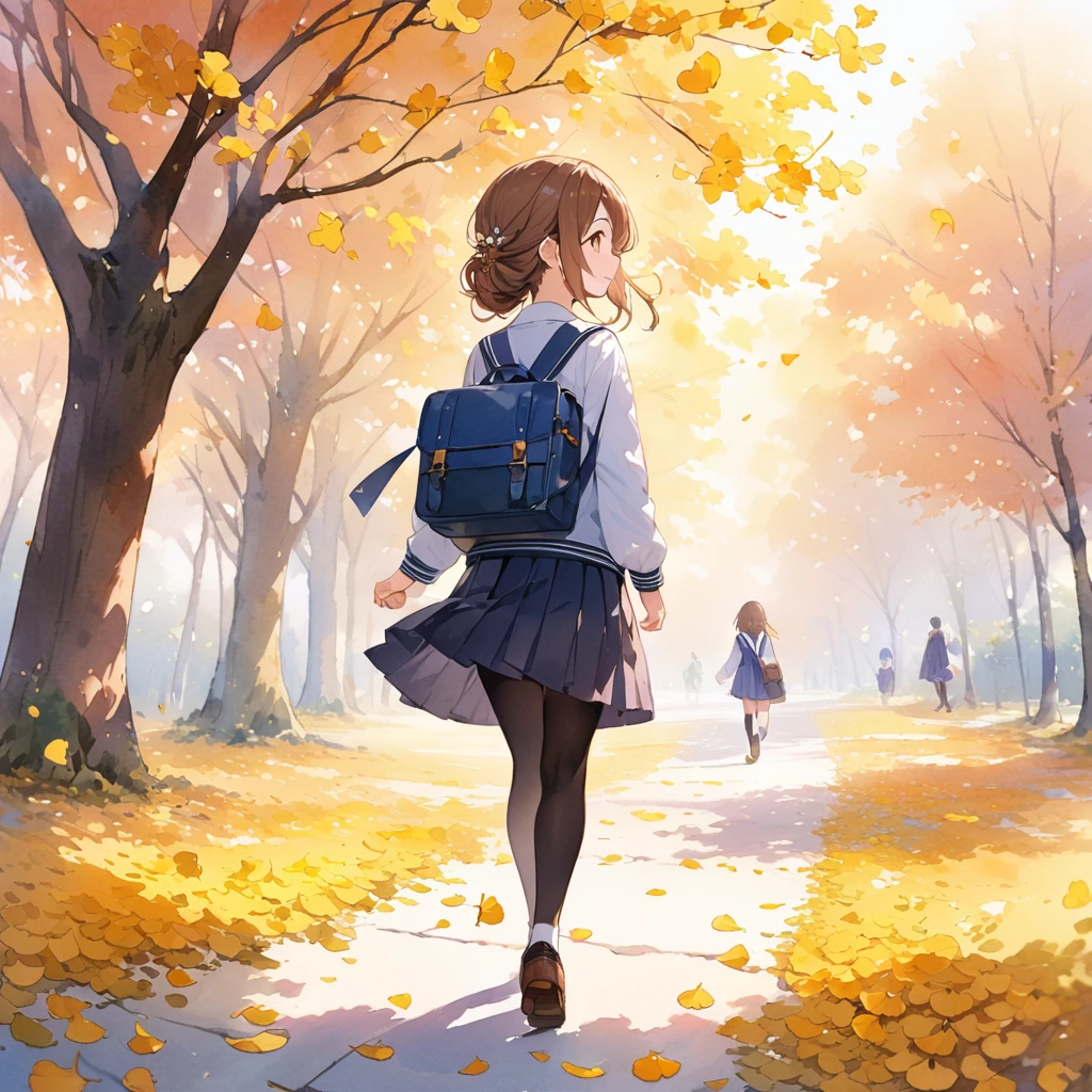 (masterpiece, best quality, hyper detailed:1.4), cute, fantasy, (watercolor:1.2),
1 girl, short, slender, pale skin, medium brown hair, half updo, big droopy eyes, brown eyes,
school uniform, black tights, magnificent yellow ginkgo tree line, walking, fallen leaves are falling,
from behind, full body shot, happy, smiling, looking up, fish-eye lens,