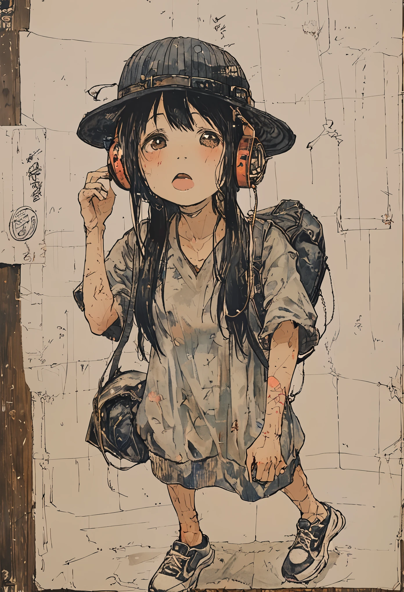 sketch、Ink Painting、 beautiful japanese schoolgirl、 Kawanabe Kyosai's Style、uniform、Nike sneakers、Shibuya、Headphones、Knitted hat、Rack Sack、Close your eyes、 look up at the sky、from adove