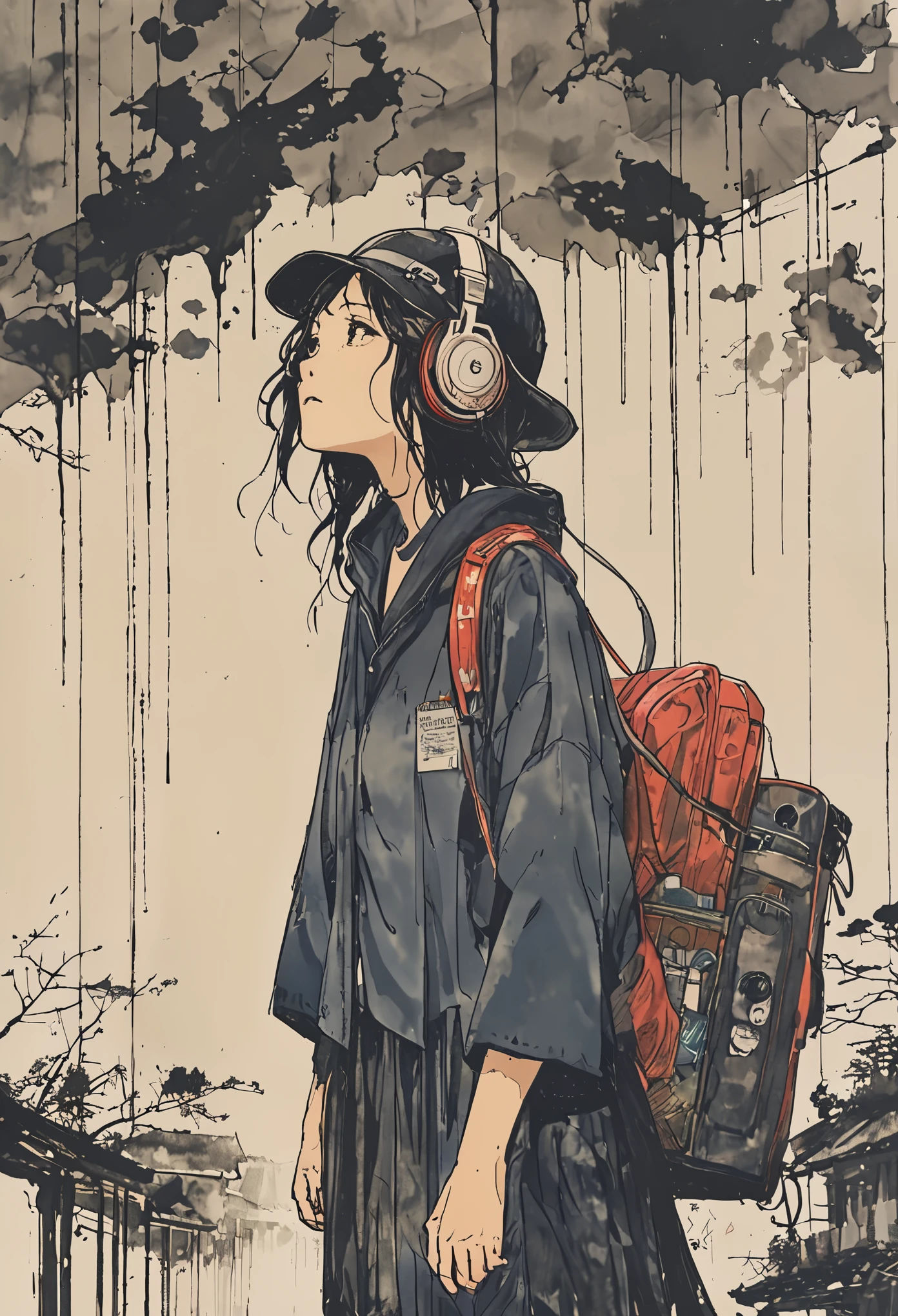 sketch、Ink Painting、 beautiful japanese schoolgirl、 Kawanabe Kyosai's Style、uniform、Nike sneakers、Shibuya、Headphones、Knitted hat、Rack Sack、 looking up diagonally 、Depression、from adove