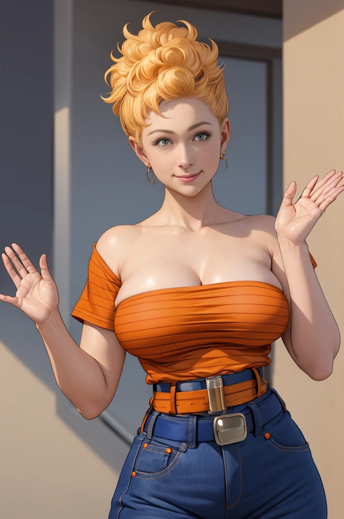 realistic 1.2,  masterpiece , best quality, panchy, orange shirt, strapless, belt, blue pants,  shy smile , Closed mouth,  big boobs, waving with the right hand