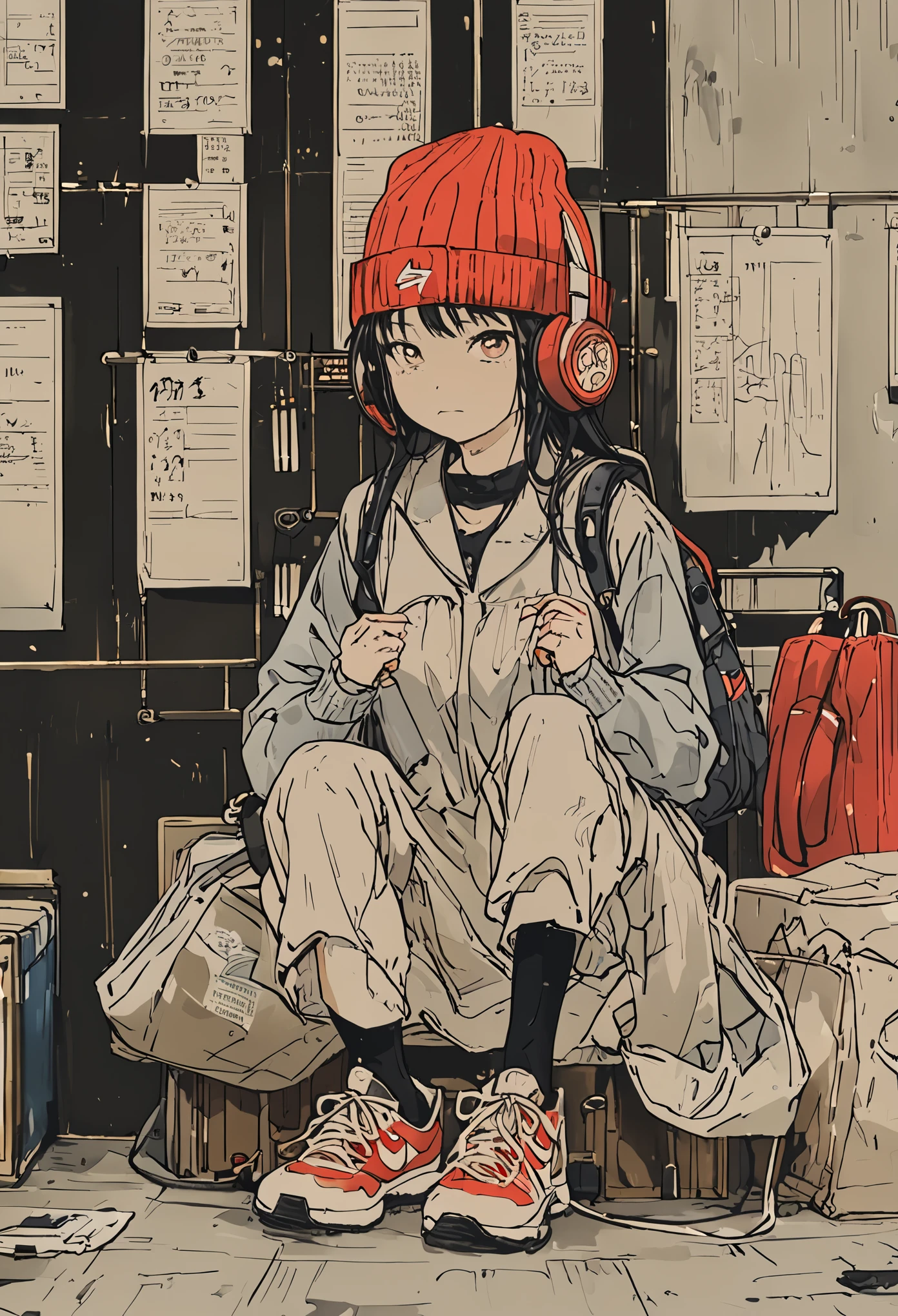 sketch、Ink Painting、 beautiful japanese schoolgirl、 Kawanabe Kyosai's Style、uniform、Nike sneakers、Shibuya、Headphones、Knitted hat、Rack Sack、Spread your arms、Depression、from adove