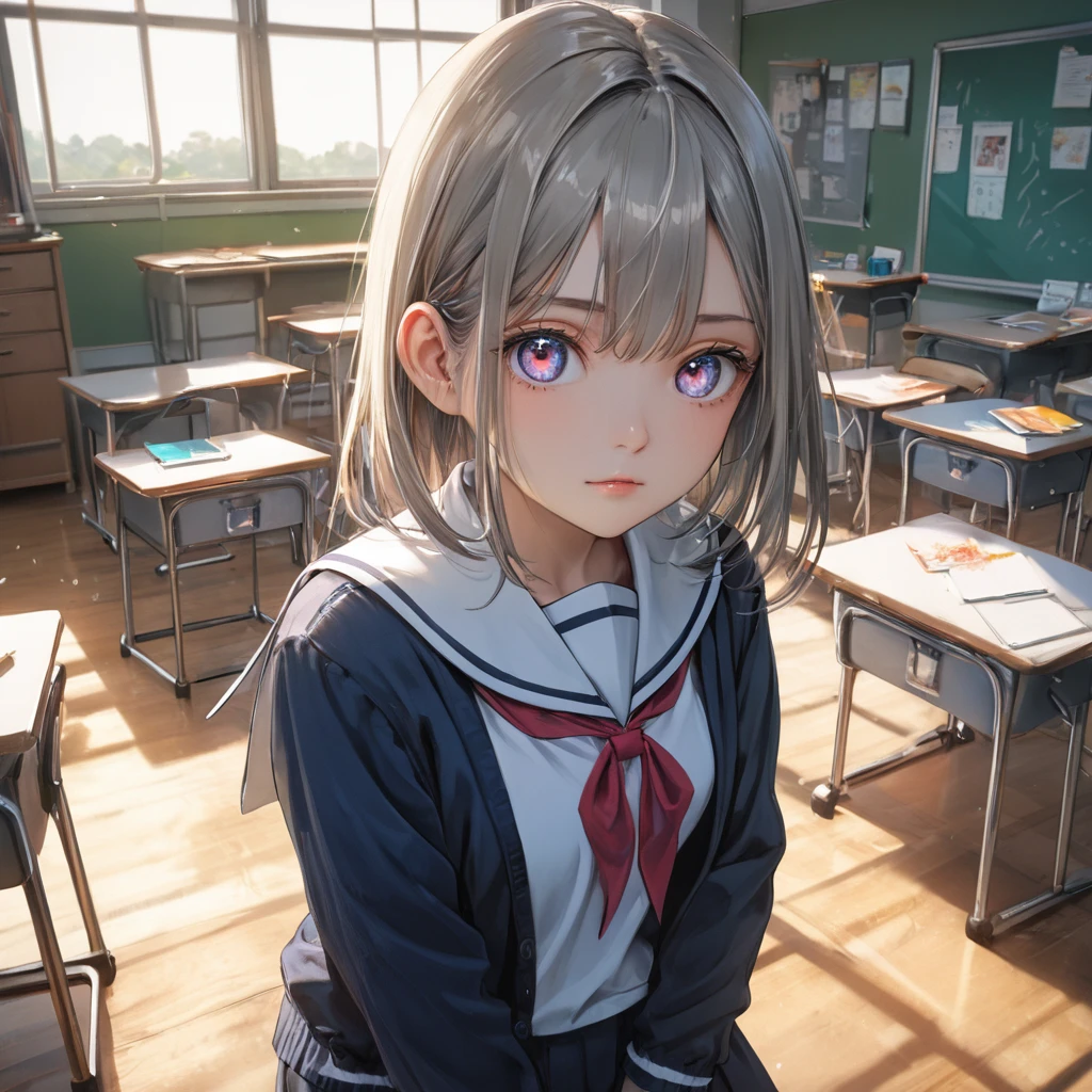 masterpiece, best quality, 8k, highres, ultra-detailed,HDR, UHD, studio lighting, ultra-fine painting, sharp focus, physically-based rendering, extreme detail description, professional, vivid colors,BREAK,1girl,japanese gal, comb over hair,(eyes:0.2),((full body)), looking away, wearing school sailor ,high school,class room