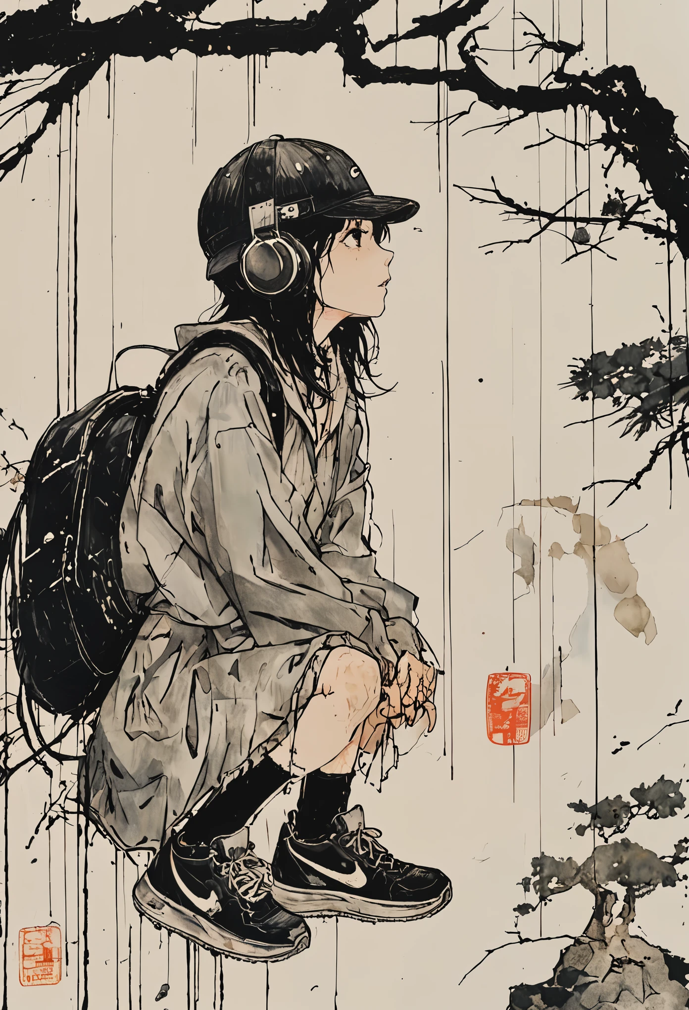 sketch、Ink Painting、 beautiful japanese schoolgirl、 Kawanabe Kyosai's Style、uniform、Nike sneakers、Shibuya、Headphones、Knitted hat、Rack Sack、 looking up diagonally 、Depression、from adove