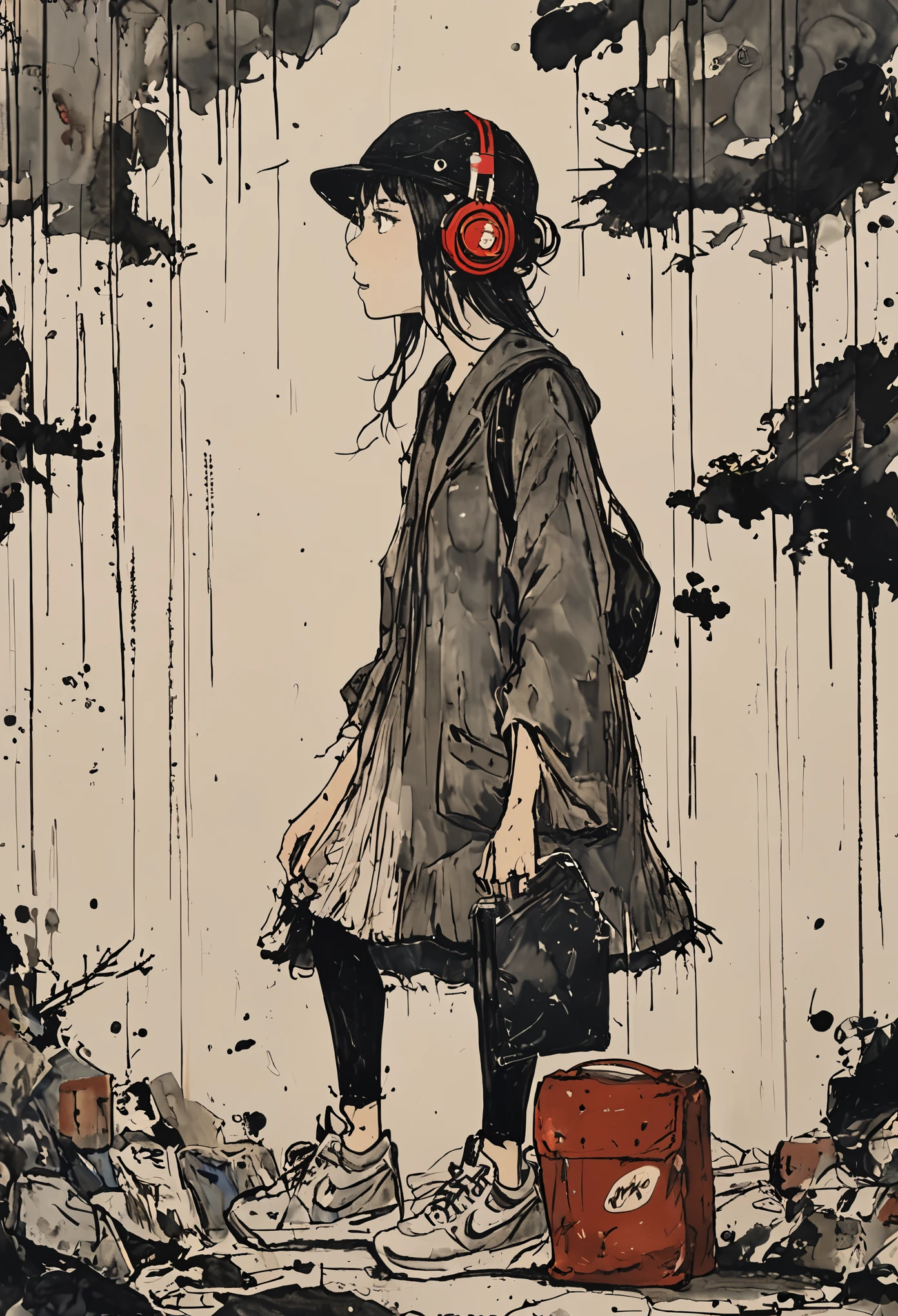 sketch、Ink Painting、 beautiful japanese girl、 Kawanabe Kyosai's Style、uniform、Nike sneakers、Shibuya、Headphones、Knitted hat、Rack Sack、 looking up diagonally 、Depression、from adove