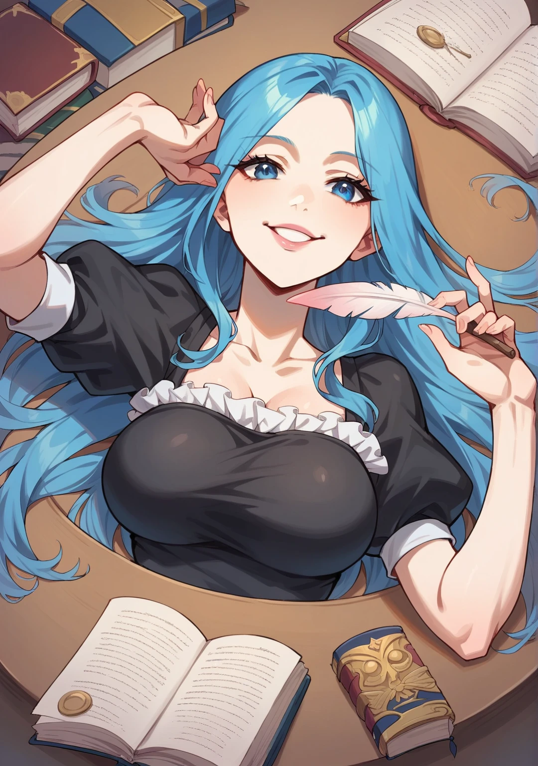 alta quality, High details,  bright coloured, holding a feather pen and book, 1girl, Alone, pink lips, blue hair, long hair, forehead, blue eyes, parted bangs, big breast,smile, better hand, simple background, Quill pen, white background, black dress, looking at viewer, puffy sleeves, short sleeves, on big table,  lying down on table, upper body, books on ground.