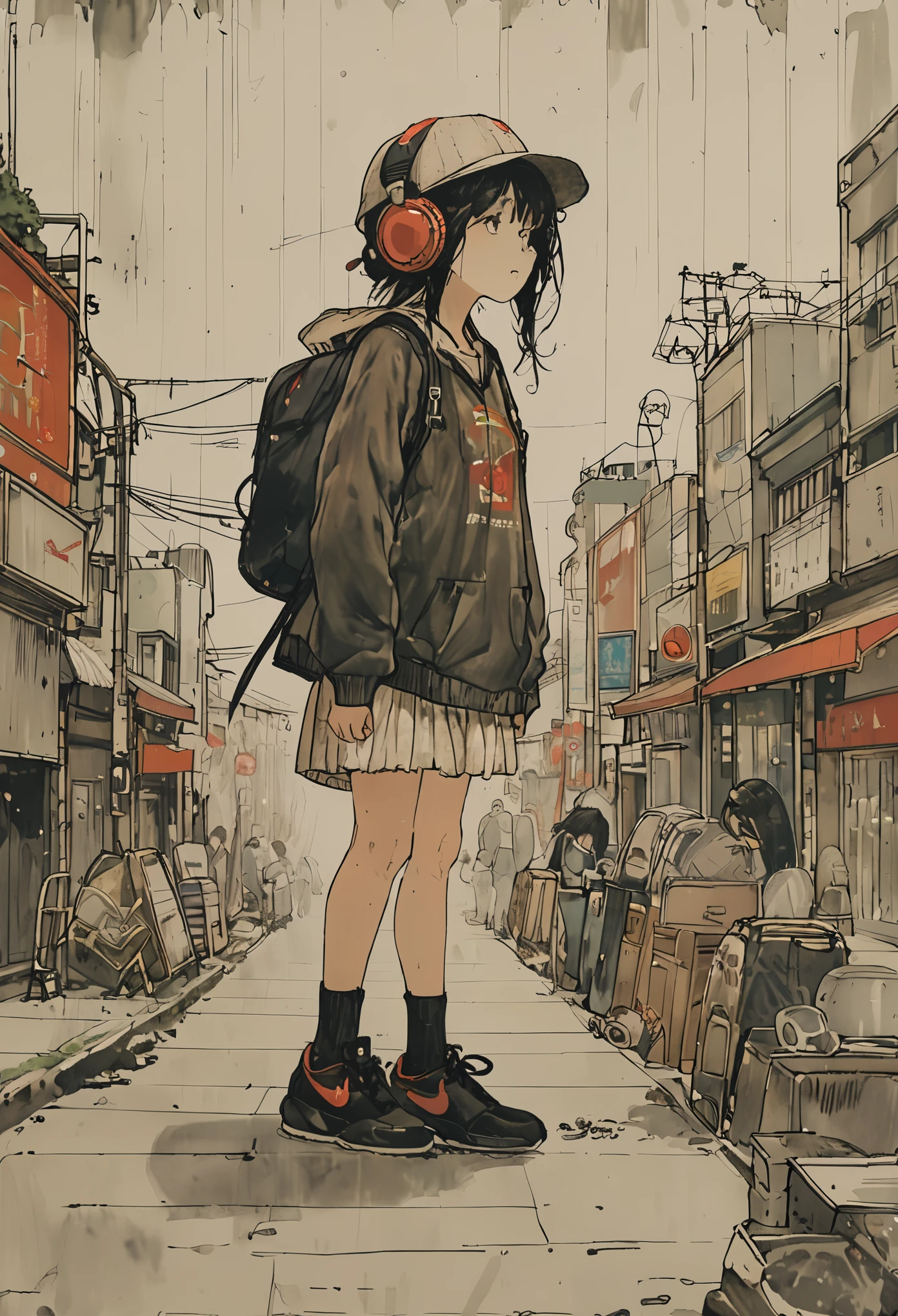 sketch、Ink Painting、 beautiful japanese schoolgirl、Kawanabe Kyosai's style、uniform、Nike sneakers、Shibuya Center Street、Headphones、Knitted hat、Rack Sack、 looking up diagonally 、Depression、from adove