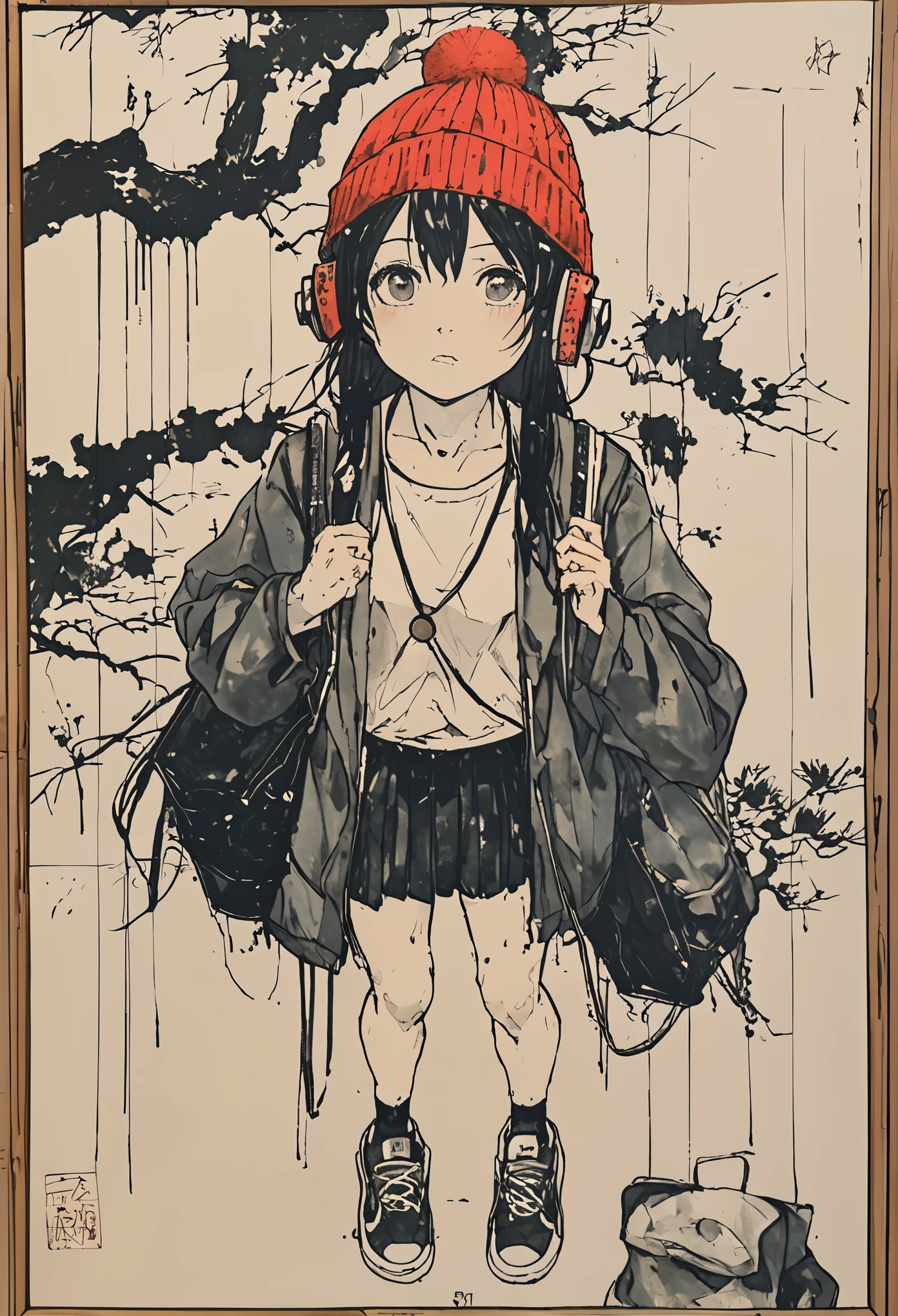 sketch、Ink Painting、 beautiful japanese schoolgirl、 Kawanabe Kyosai's Style、uniform、Nike sneakers、Shibuya Center Street、Headphones、Knitted hat、Rack Sack、 looking up diagonally 、Depression、from adove