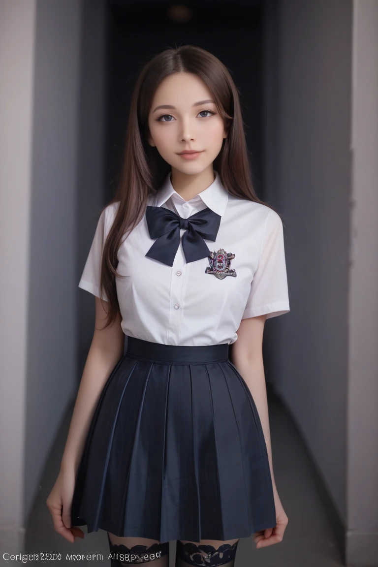 score_9, score_8_up, score_7_up, realistic, high res image, masterpiece, best quality, young woman, cute, fair skin, brown shiny long hair, ultra detailed eyes, thick lips, dark background, school uniform, white long sleves shirt, navy skirt, black lace leg wear, black lace thighhigh, 