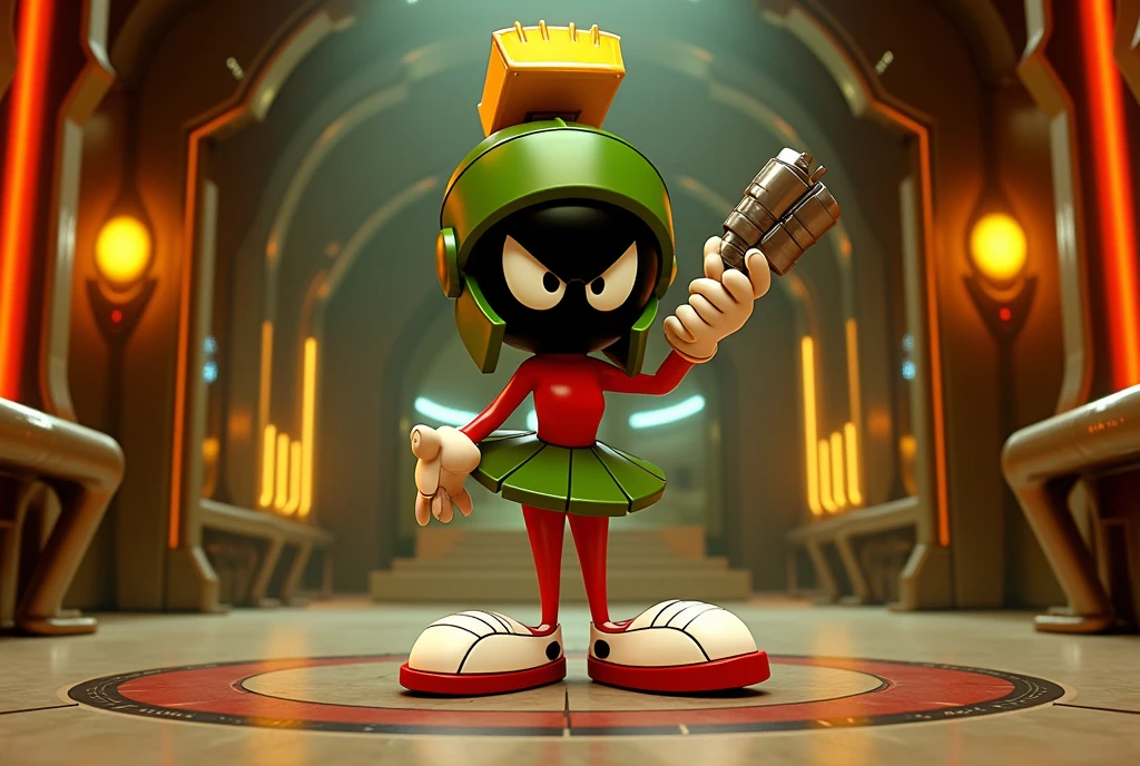 (Marvin) A cute woman (Role of marvin the Martian, Kate Mara, amazing butt) She is proudly presenting a 'Earth destroying cannon' in her Martian Sci Fi Art Deco base
