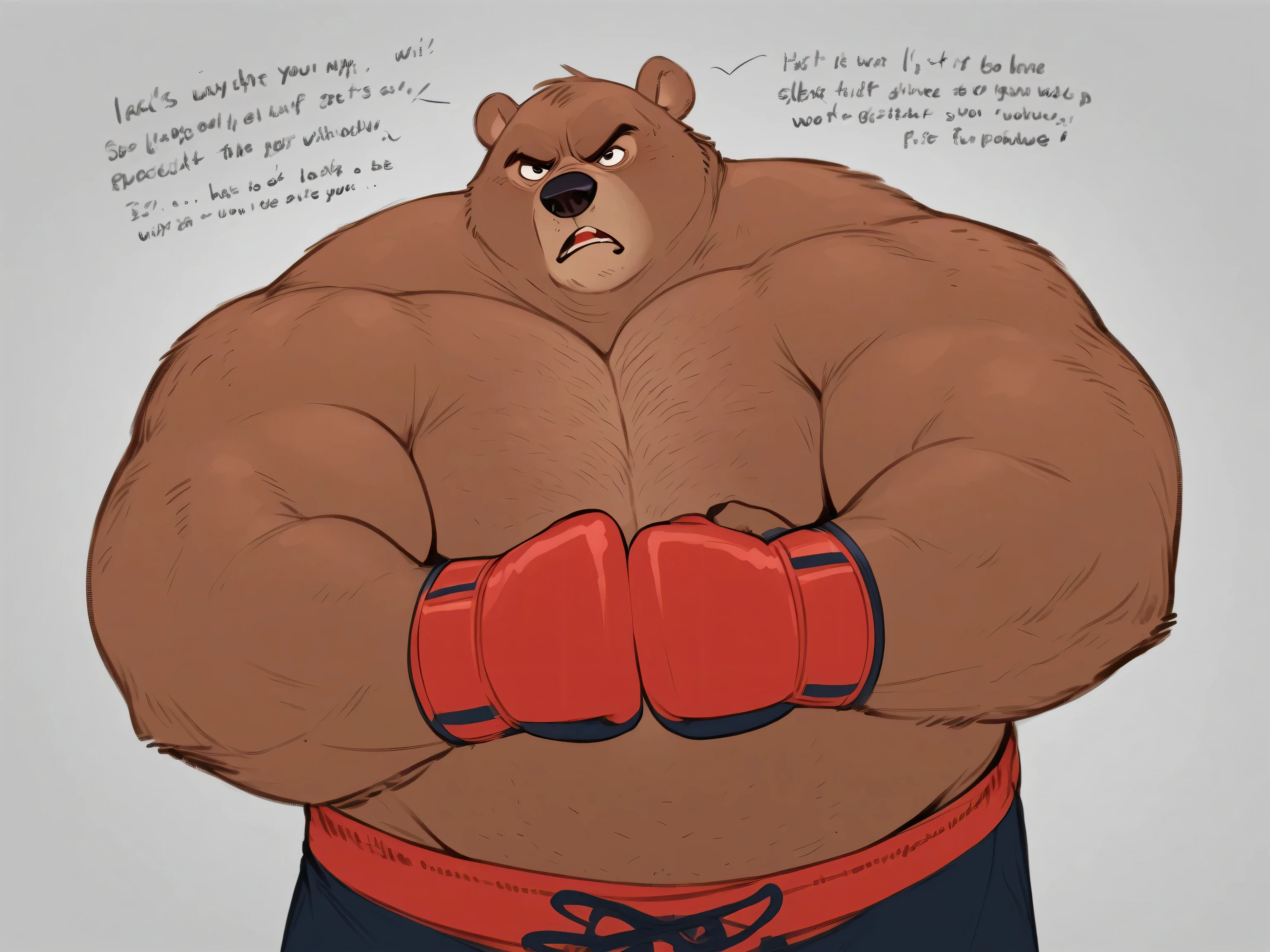 Solo, 1boy, Muscular Old, angry, focus, look at viewer, wide shoulder, pectoral, thick arms, huge pectoral, wide pectoral, a Kodiak brown bear in an MMA shorts with red slits wearing an MMA gloves with red knuckle pads and an ankle support brace as he workouts in the gymnasium warehouse, Walt Disney 2D Zootopia Animation Art Style, 