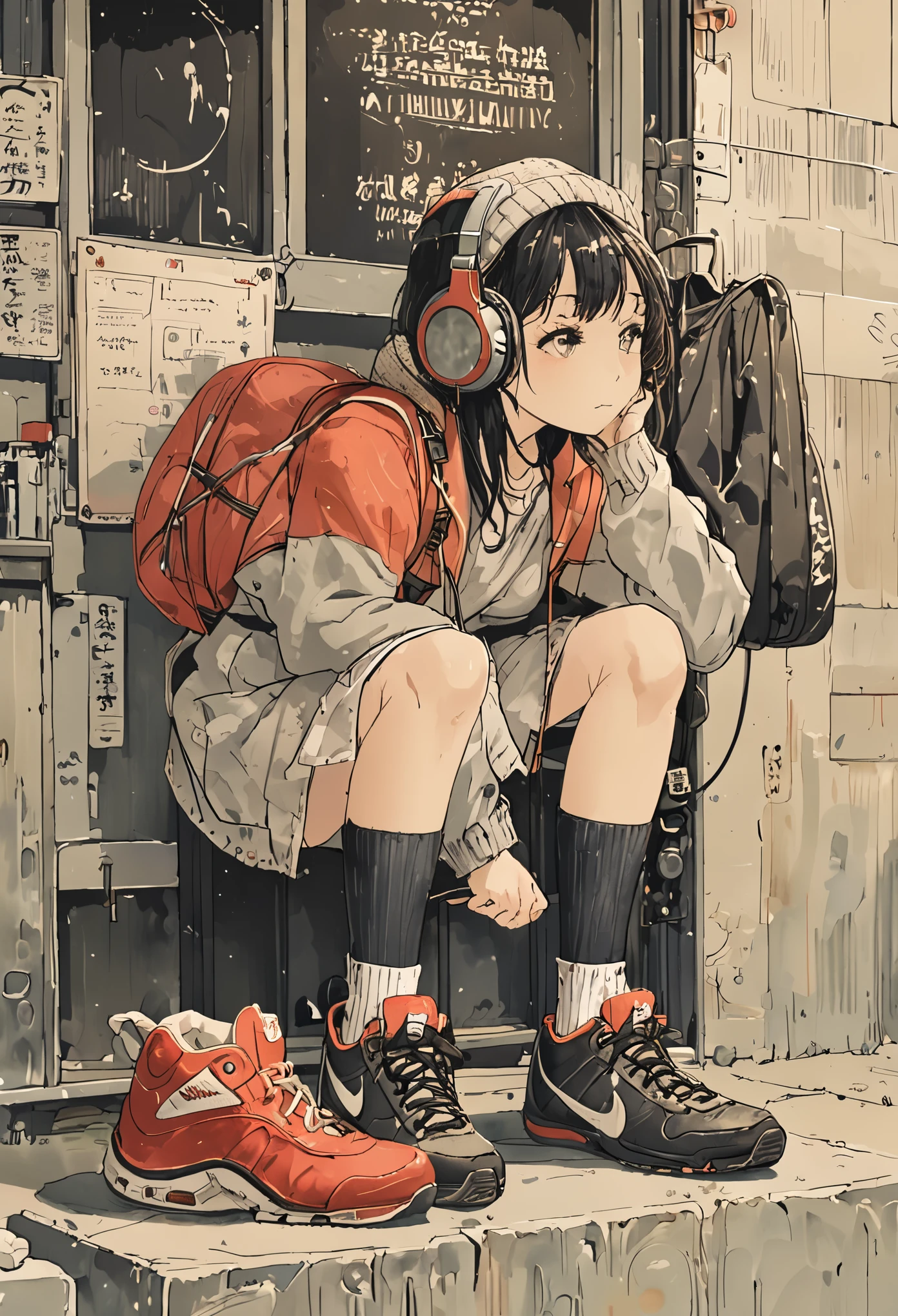 sketch、Ink Painting、 beautiful japanese schoolgirl、 Kawanabe Kyosai's Style、uniform、Nike sneakers、Shibuya Center Street、Headphones、Knitted hat、Rack Sack、 looking up diagonally 、Depression、from adove