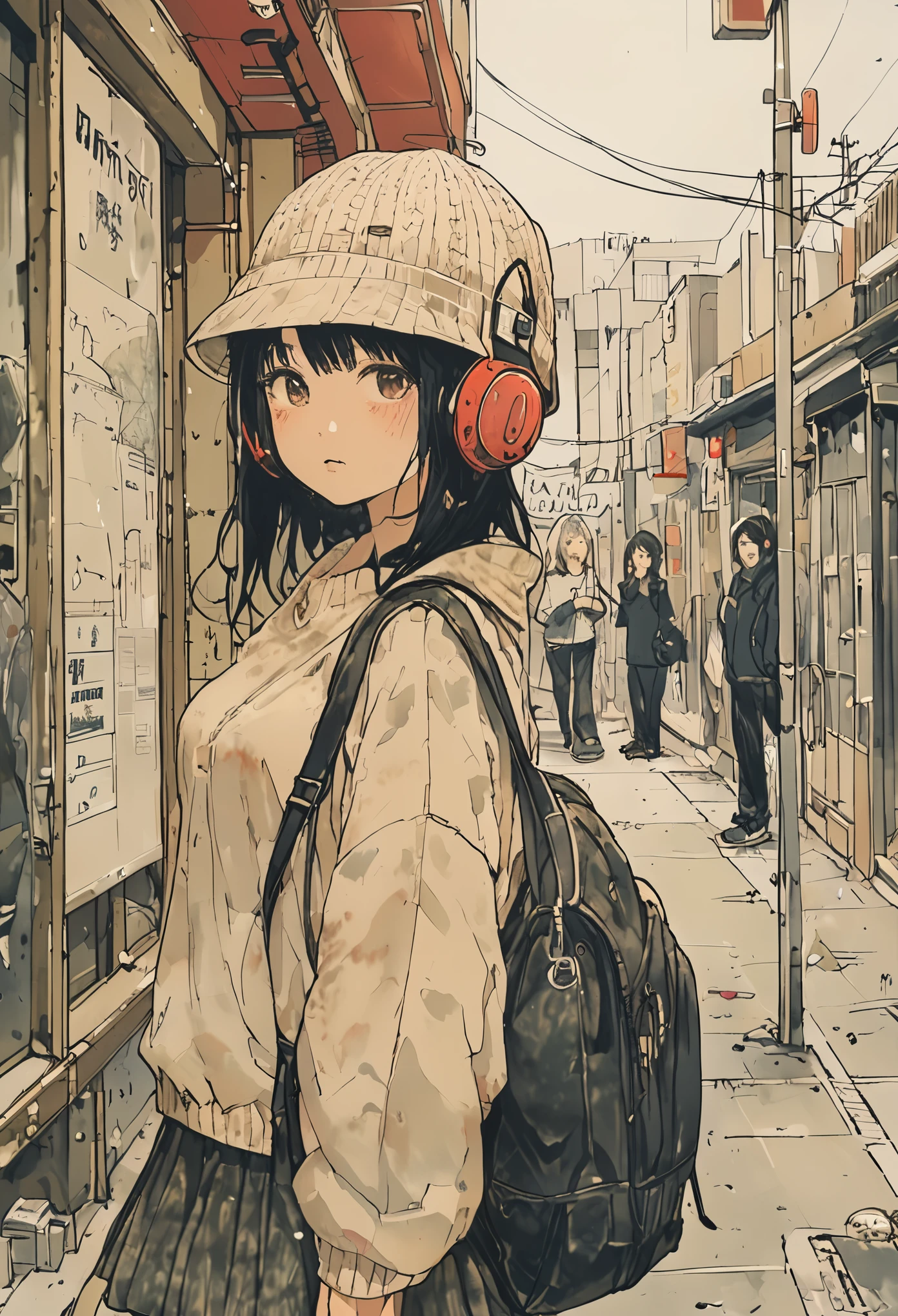 sketch、Ink Painting、 beautiful japanese schoolgirl、 Kawanabe Kyosai's Style、uniform、Nike sneakers、Shibuya Center Street、Headphones、Knitted hat、Rack Sack、 looking up diagonally 、Depression、from adove