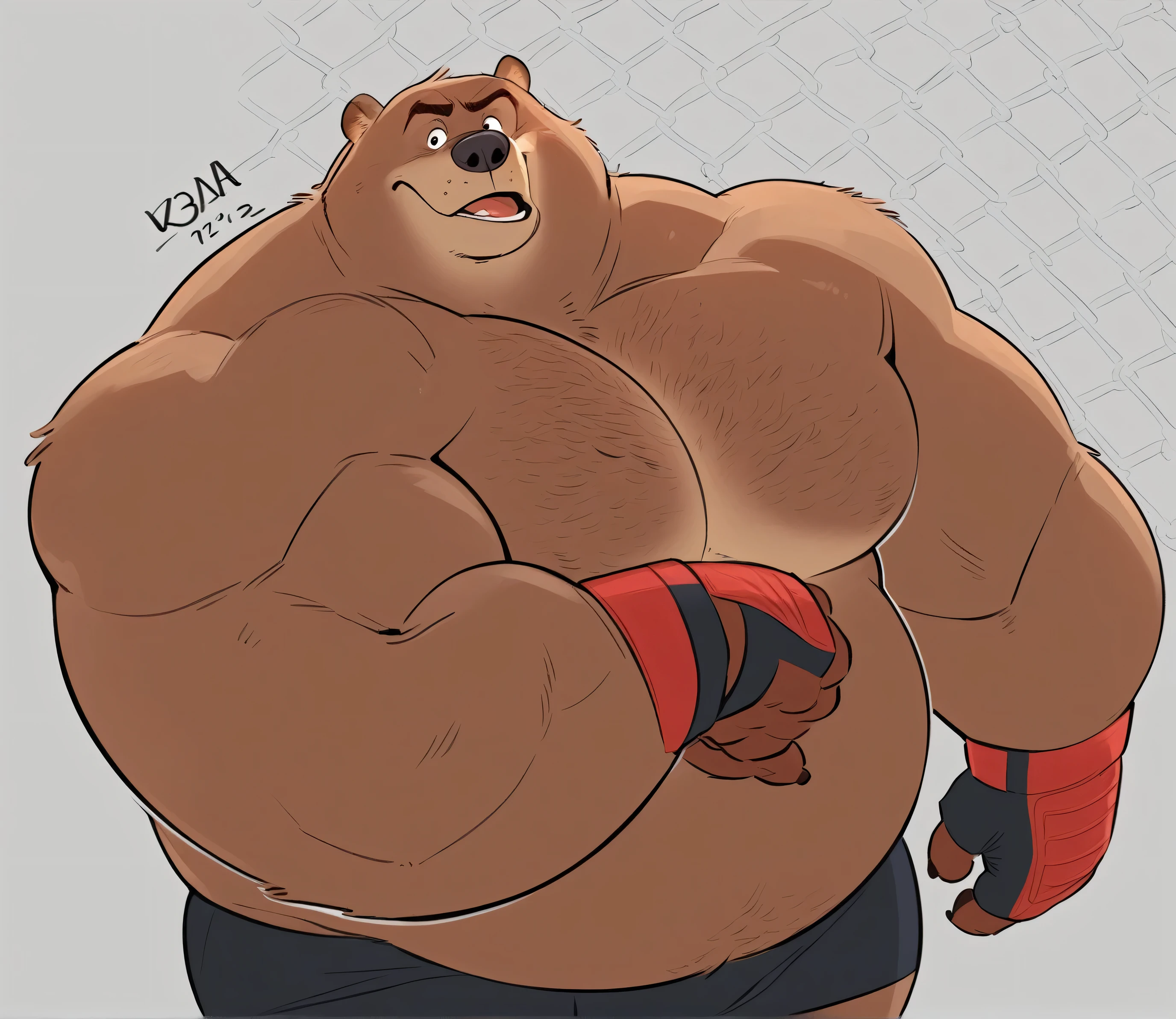 Solo, 1boy, Muscular Old, angry, focus, look at viewer, wide shoulder, pectoral, thick arms, huge pectoral, wide pectoral, a Kodiak brown bear in an MMA shorts with red slits wearing an MMA gloves with red knuckle pads and an ankle support brace as he workouts in the gymnasium warehouse, Walt Disney 2D Zootopia Animation Art Style, 