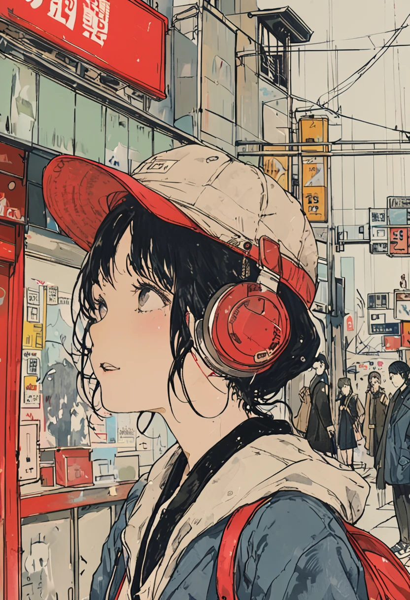 sketch、Ink Painting、 beautiful japanese schoolgirl、 Kawanabe Kyosai's Style、uniform、Nike sneakers、Shibuya Center Street、Headphones、Knitted hat、Rack Sack、 looking up diagonally 、Depression、from adove