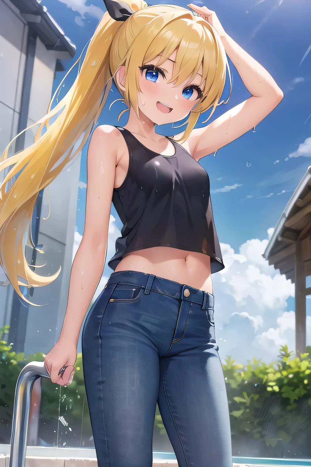 masterpiece,best quality,ultra detail,1girl, 14yo,petite,smile happy,in rhe pool,pouring rain,cloudy,ponytail hair, blue eyes, yellow hair, hair ornament, ribbon hair ornament,Raise your arms and behind your head,White teeth, White tank tops, jeans, low angle shot, wet jeans, wetting herself, (wet clothes:1.6)