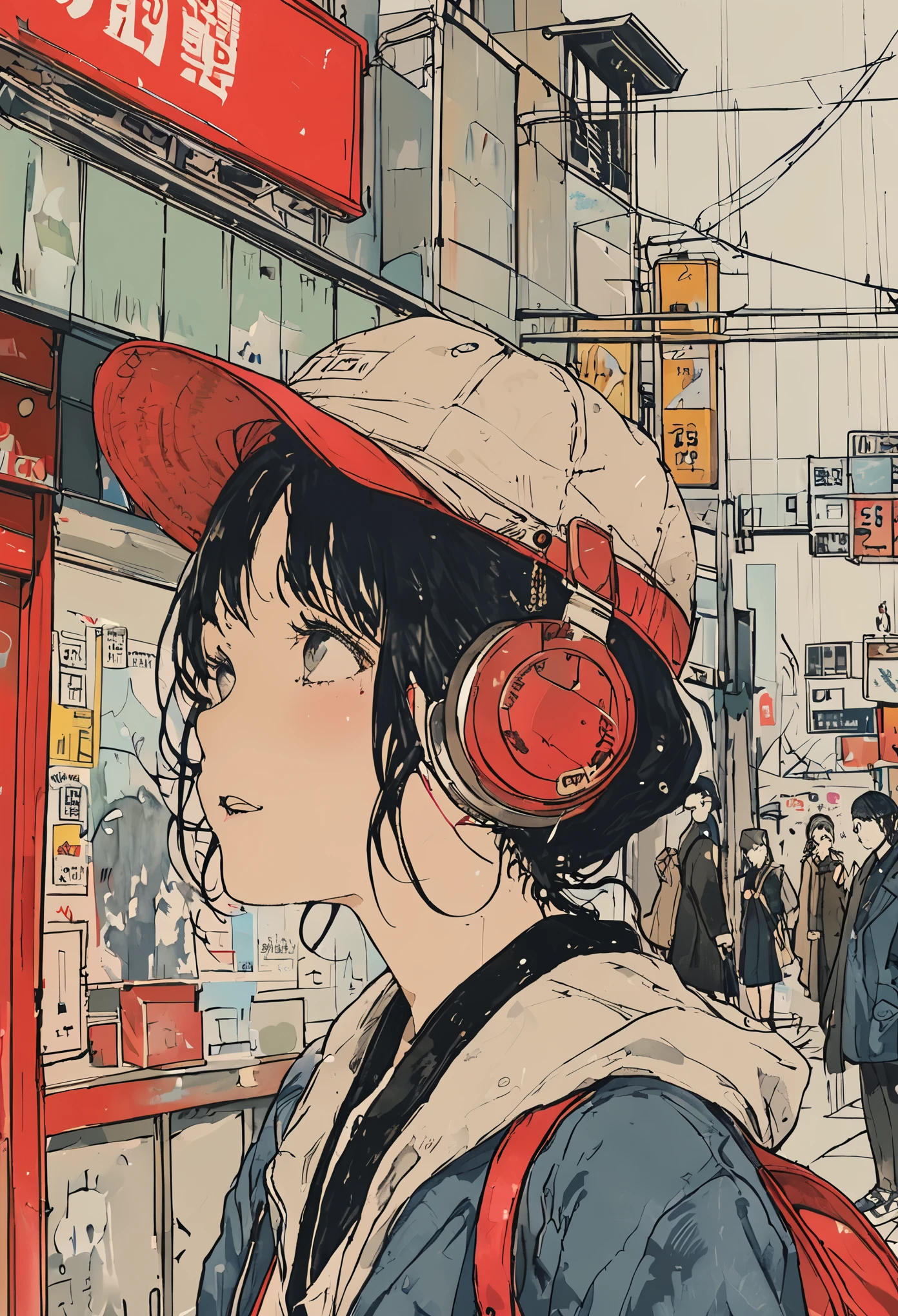 sketch、Ink Painting、 beautiful japanese schoolgirl、Kawanabe Kyosai's style、uniform、Nike sneakers、Shibuya Center Street、Headphones、Knitted hat、Rack Sack、 looking up diagonally 、Depression、from adove