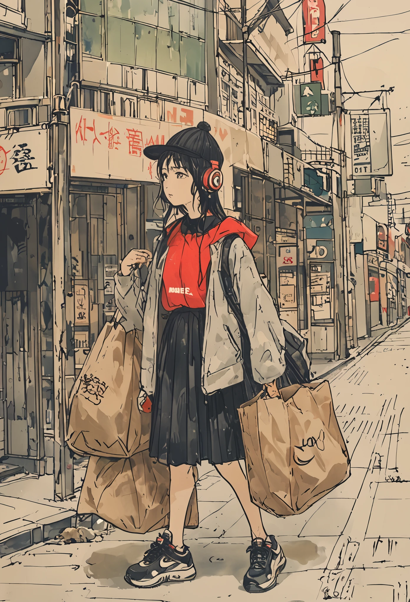 sketch、Ink Painting、 beautiful japanese schoolgirl、Kawanabe Kyosai's style、uniform、Nike sneakers、Shibuya Center Street、Headphones、Knitted hat、Rack Sack、 looking up diagonally 、Depression、from adove