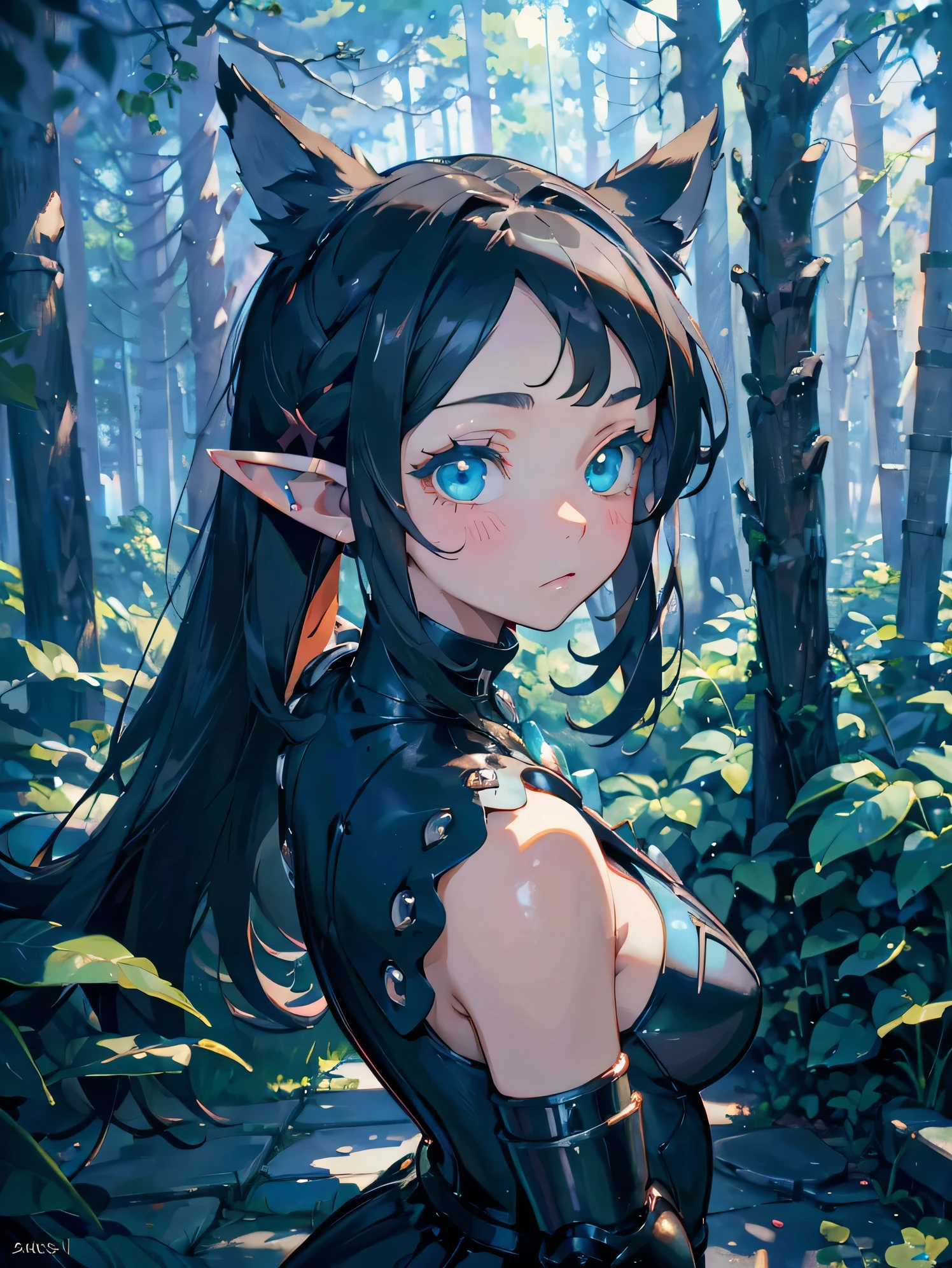 solo 1girl, (marnie pokemon), ((masterpiece)), ((high resolution)), ((best quality)), extremely fine and beautiful, (insanely detailed anime eyes), detailed face, vivid and beautiful, shocking sensation, incredibly detailed, beautiful detailed girl, front view, facing at viewer, perfect shadow, realistic lighting shaded, (black hair), (small breast), ((elf ears)), heavy armor, medieval armor, ((forest background)), turquoise eyes