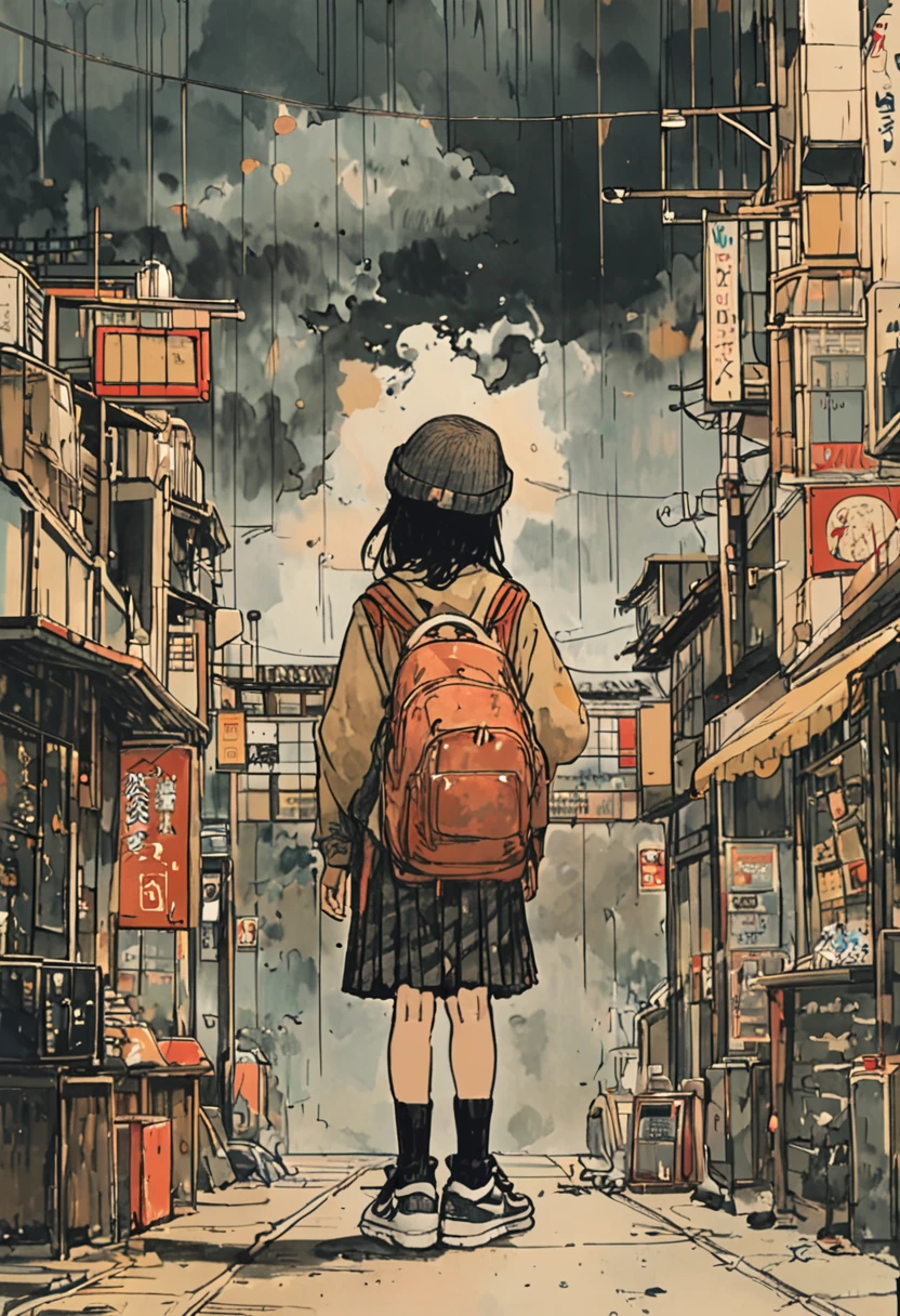 sketch、Ink Painting、 beautiful japanese schoolgirl、 Kawanabe Kyosai's Style、uniform、Nike sneakers、Shibuya Center Street、Headphones、Knitted hat、Rack Sack、 looking up diagonally 、Depression、from adove