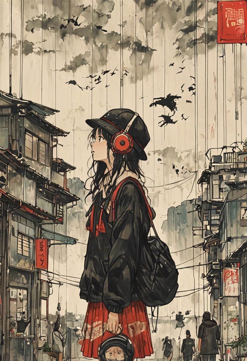 sketch、Ink Painting、 beautiful japanese schoolgirl、 Kawanabe Kyosai's Style、uniform、Nike sneakers、Shibuya Center Street、Headphones、Knitted hat、Rack Sack、 look up at the sky、Depression、from adove