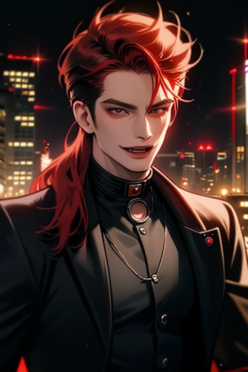 anime character with red hair and a black jacket, with red hair, handsome anime man,  male anime character , 1 , Alone, Suoh Mikoto, Project K, (((vampire))), craziness, Malkavian, city in the background, (Evening),  ironic smile, cowboy shot,   dynamic lighting  