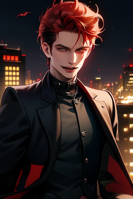 anime character with red hair and a black jacket, with red hair, handsome anime man,  male anime character , 1 child, Alone, Suoh Mikoto, Project K, (((vampire))), craziness, Malkavian, city in the background, (Evening),  ironic smile, cowboy shot,   dynamic lighting  