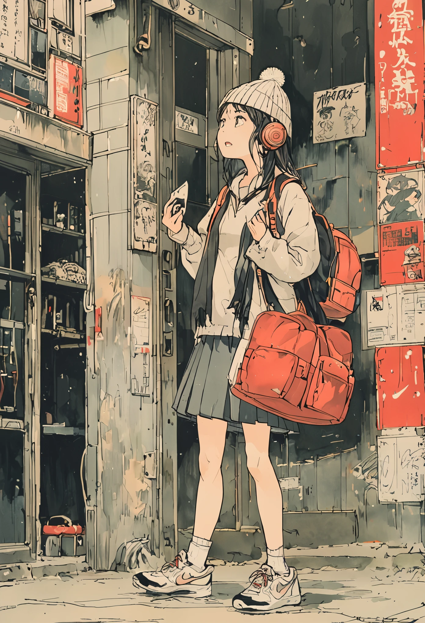 sketch、Ink Painting、 beautiful japanese schoolgirl、 Kawanabe Kyosai's Style、uniform、Nike sneakers、Shibuya Center Street、Headphones、Knitted hat、Rack Sack、 looking up diagonally 、Depression、from adove