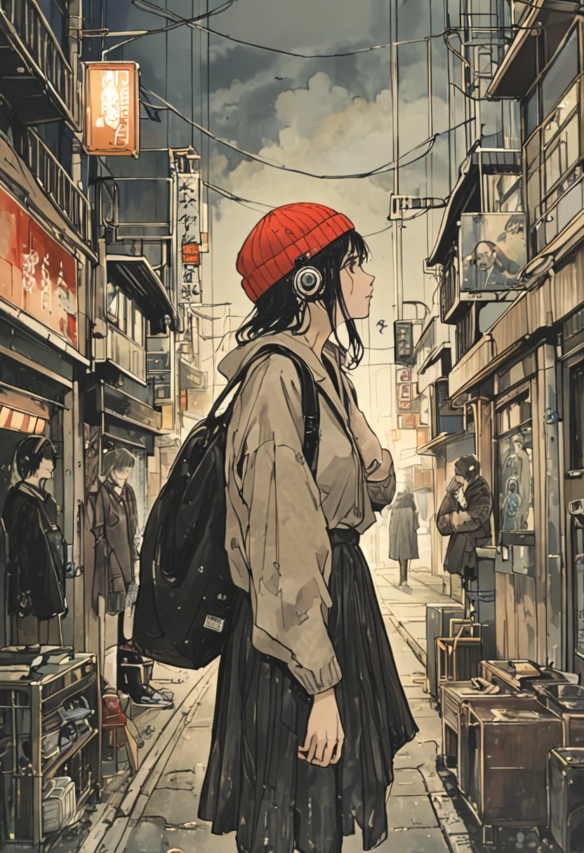 sketch、Ink Painting、 beautiful japanese girl、 Kawanabe Kyosai's Style、uniform、Nike sneakers、Shibuya Center Street at midnight、Headphones、Knitted hat、Rack Sack、 looking up diagonally 、Depression、from adove