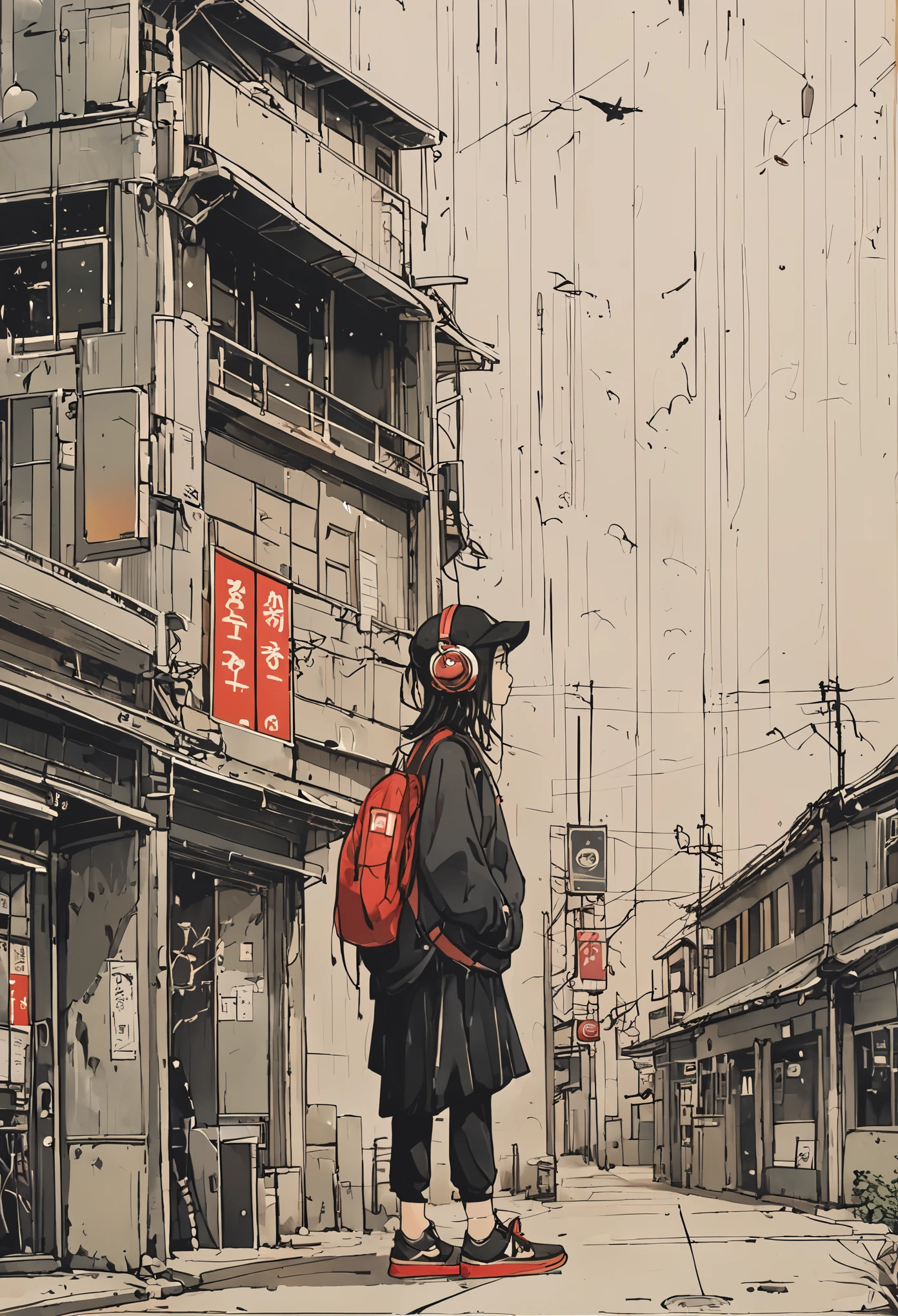 sketch、Ink Painting、 beautiful japanese schoolgirl、 Kawanabe Kyosai's Style、uniform、Nike sneakers、Shibuya Center Street、Headphones、Knitted hat、Rack Sack、 look up at the sky、Depression、from adove