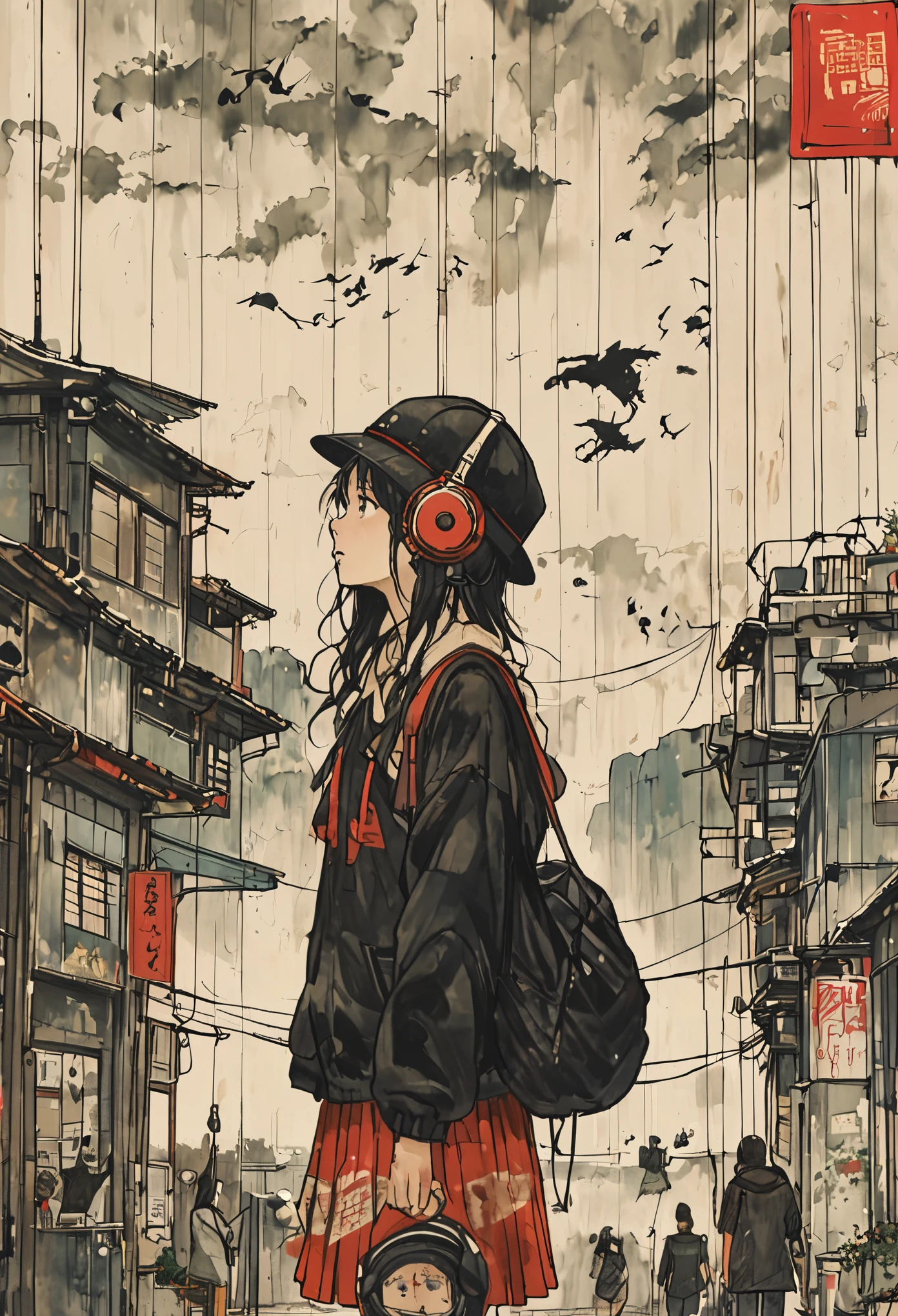 sketch、Ink Painting、 beautiful japanese schoolgirl、Kawanabe Kyosai's style、uniform、Nike sneakers、Shibuya Center Street、Headphones、Knitted hat、Rack Sack、 look up at the sky、Depression、from adove