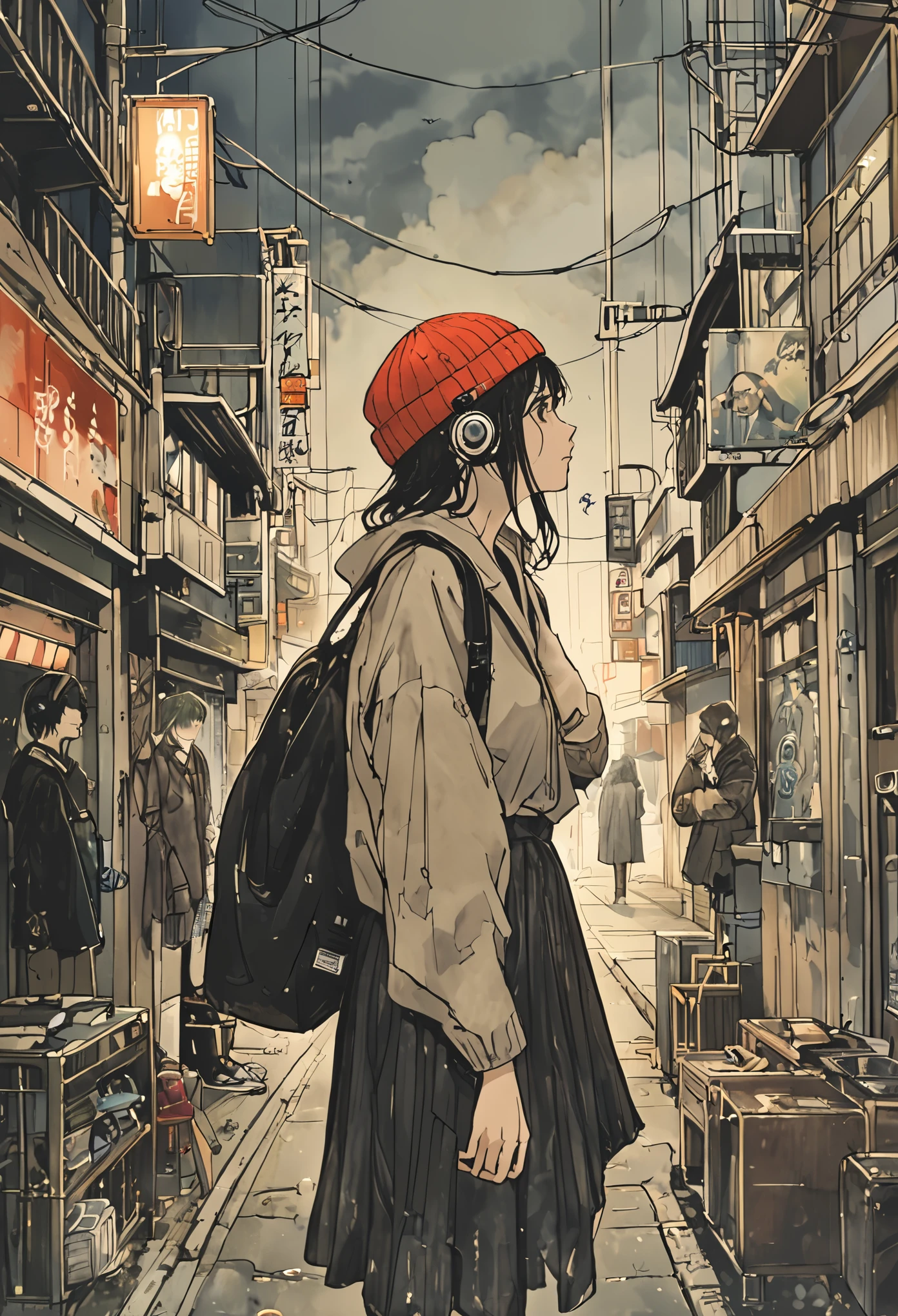 sketch、Ink Painting、 beautiful japanese girl、Kawanabe Kyosai's style、uniform、Nike sneakers、Shibuya Center Street at midnight、Headphones、Knitted hat、Rack Sack、 looking up diagonally 、Depression、from adove