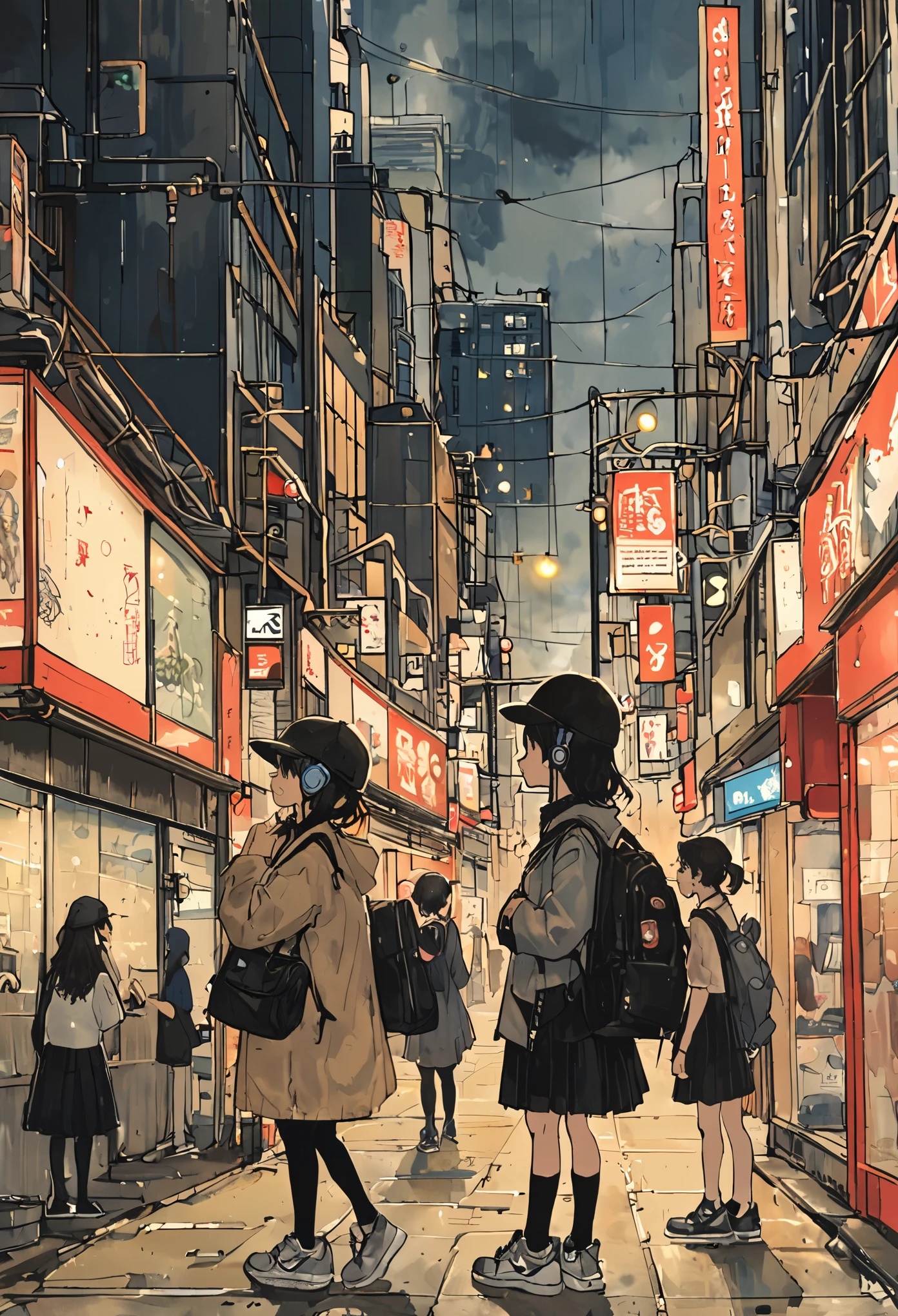 sketch、Ink Painting、 beautiful japanese girl、 Kawanabe Kyosai's Style、uniform、Nike sneakers、Shibuya Center Street at midnight、Headphones、Knitted hat、Rack Sack、 looking up diagonally 、Depression、from adove