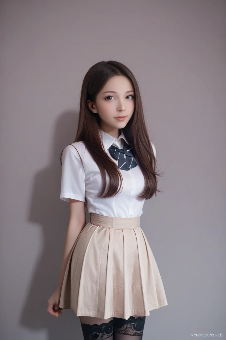 score_9, score_8_up, score_7_up, realistic, high res image, masterpiece, best quality, young woman, cute, fair skin, brown shiny long hair, ultra detailed eyes, thick lips, dark background, school uniform, white long sleves shirt, navy skirt, black lace leg wear, black lace thighhigh, 