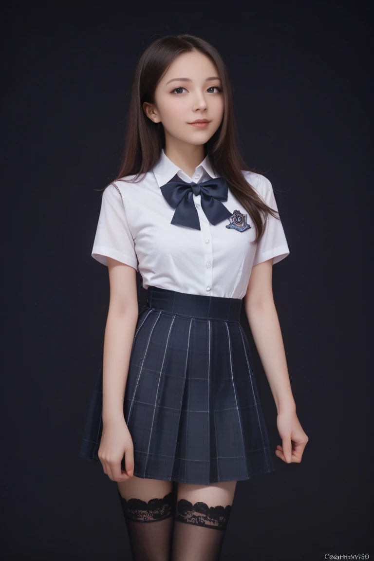 score_9, score_8_up, score_7_up, realistic, high res image, masterpiece, best quality, young woman, cute, fair skin, brown shiny long hair, ultra detailed eyes, thick lips, dark background, school uniform, white long sleves shirt, navy skirt, black lace leg wear, black lace thighhigh, 