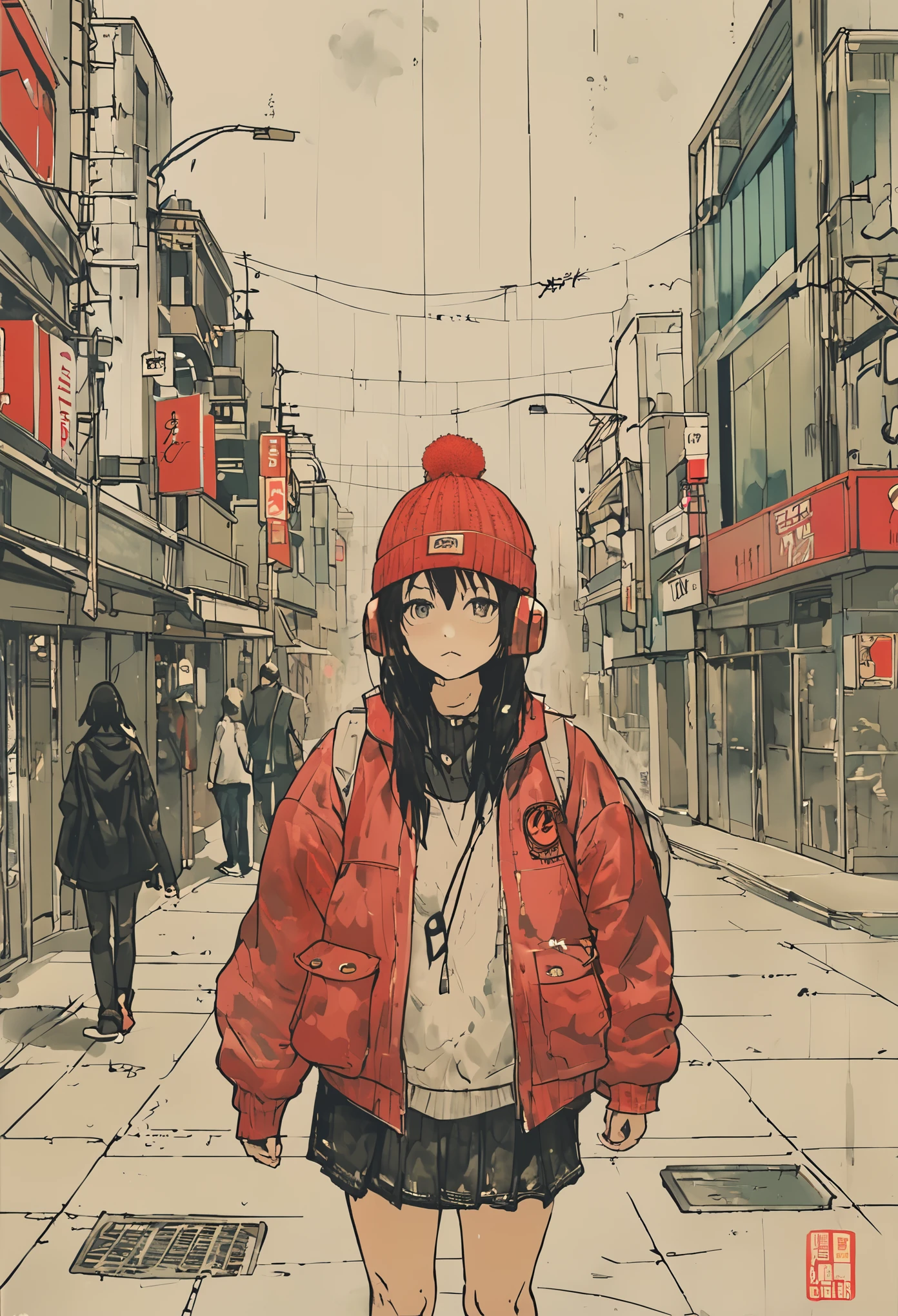 sketch、Ink Painting、 beautiful japanese girl、 Kawanabe Kyosai's Style、uniform、Nike sneakers、Sukajan、Shibuya Center Street、Headphones、Knitted hat、Rack Sack、 looking up diagonally 、Depression、from adove