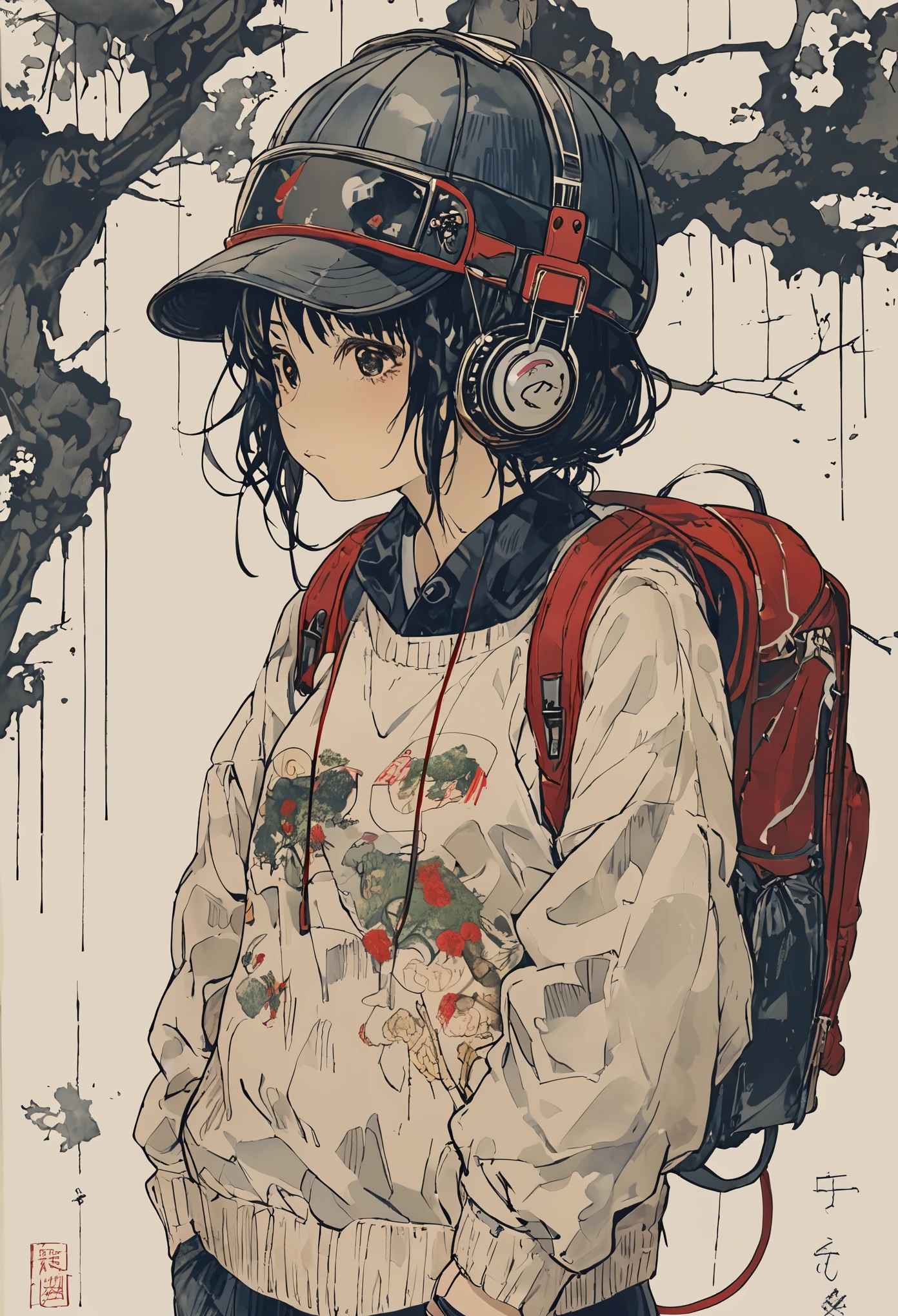 sketch、Ink Painting、 beautiful japanese schoolgirl、 Kawanabe Kyosai's Style、uniform、Nike sneakers、Sukajan、Shibuya Center Street、Headphones、Knitted hat、Rack Sack、 looking up diagonally 、Depression、from adove