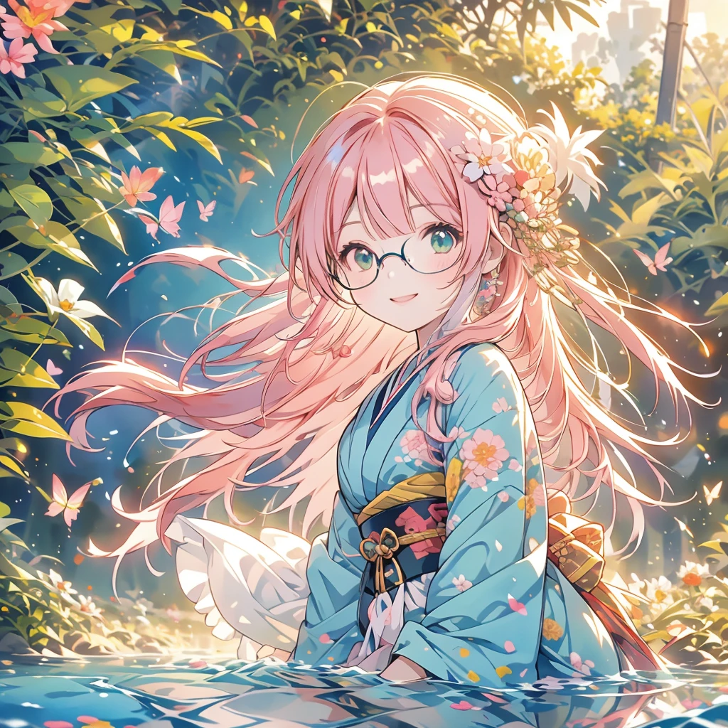   Ultra-fine,masterpiece,  Awards ,Best Quality,1 person,cute ,kimono,   girl, straight hair ,   pink hair,Long Hair,Round Glasses,sunny,Reflected Light,Introvert,The best smile,Green Eyes,Japanese style garden