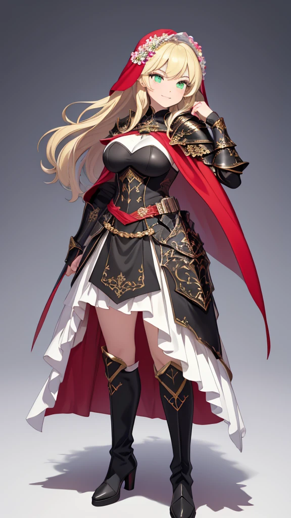 masterpiece, Best Quality, (( no background)),((1 red cloak on the shoulder ,Luxuriously Decorated Black Armor , Translucent White Short Veil Decorated with Flowers,A standing picture of a tall woman)), huge breasts, Bust-length blonde ,Pale skin,smile,closed mouth,Green Eyes,wavy hair,   Black Thigh-High Boots ,Black Gauntlets,  Black ruffled skirt , Narrow eyes,  holding nothing in hand, Arched eyebrows,Young lady