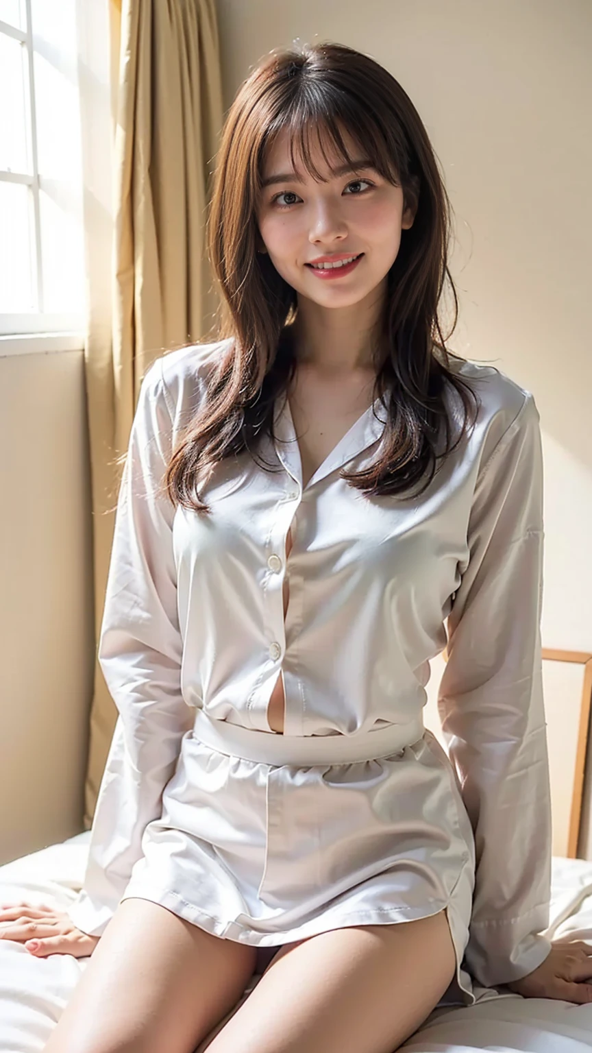 (8k、RAW photo、Best Quality、masterpiece:1.2)、(Realistic、Realistic)、1 person、((silk　White pajamas、smile、 big breasts at the temple、 straight hair、 miniskirt in length 、Thin legs、whole body、bedroom、curtain )、cute