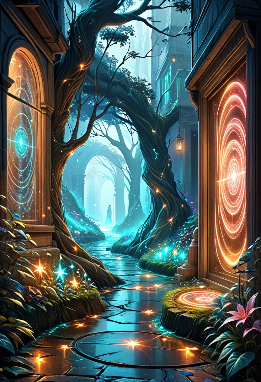 Mysterious alleys full of otherworldly charm, as if you have stepped into a realm where reality and fantasy intersect, its alleys, old tree branches reaching towards the stars like skeletal fingers, pale, glowing bioluminescent plants, manholes with glowing magic circle designs, houses made of neon, this scene is a breathtaking beauty and dream The scene is breathtakingly beautiful and dreamlike, inviting the viewer into a mystical embrace
