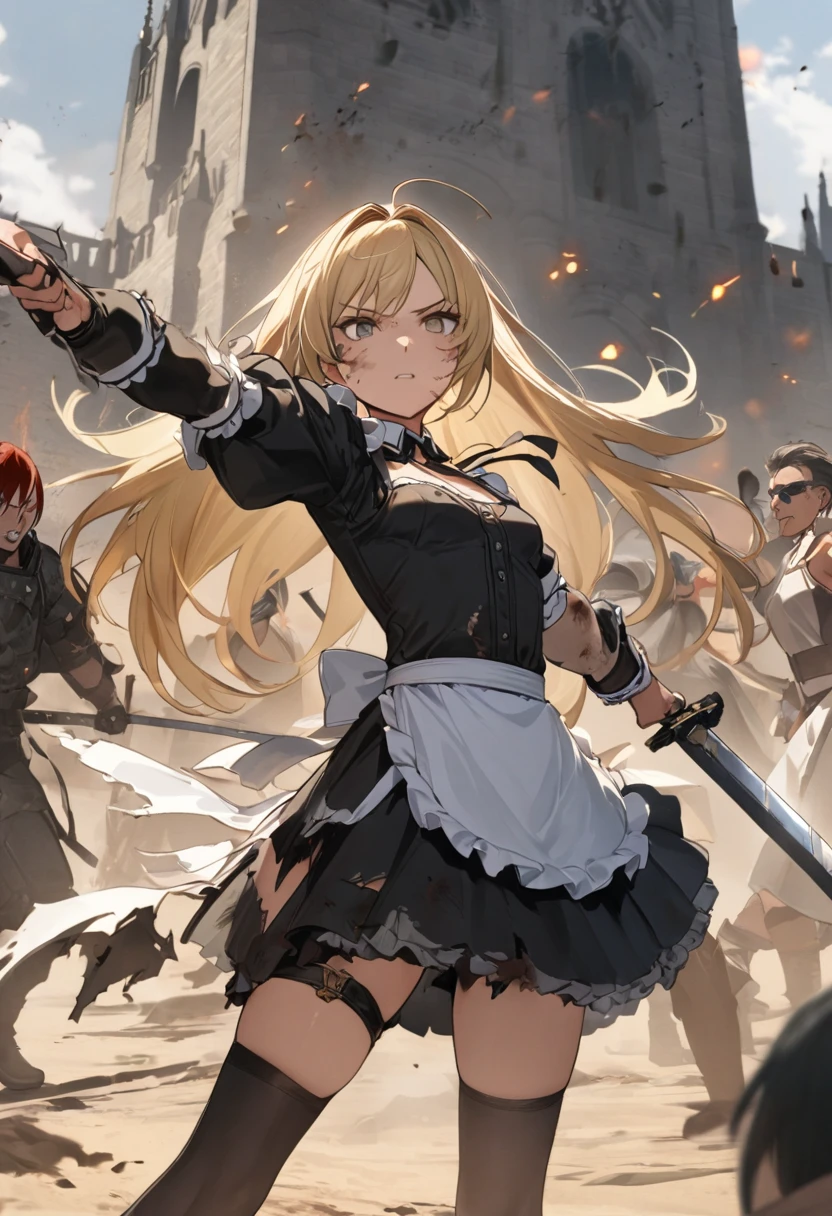 (8k, Best Quality, masterpiece:1.2),  ultra high resolution, Blonde, Small breasts,  black dress,  White Apron ,  Blue Ribbon , Gold A-line, Gold accents, Gothic maid outfit, Long, Burning Battlefield, Castle Defense, Large two-handed sword, (Western design sword), Sword fight, A strong enemy in front of me, Close race, Fierce Fight, Deadly Combat,  cornered, (Slashed by a sword:1,4), (Torn Apron:1.2), (Torn clothes:1.2), (Dirty clothes:1,2), (Dirty with ash and soot:1,4), Whole body dirt, scratch, Blood, Brandishing a sword with both hands,  my clothes are torn , Dirty with ash or soot, 