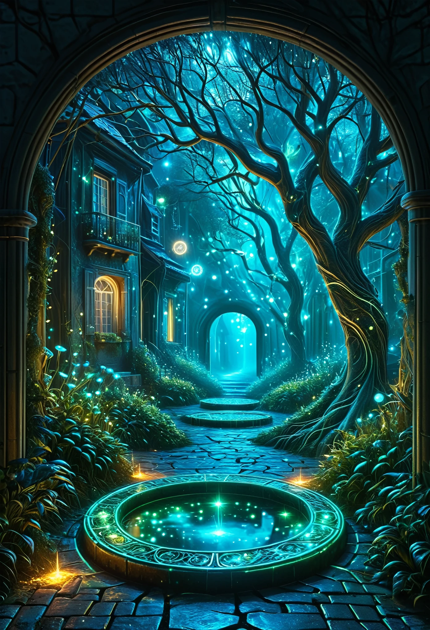 Mysterious alleys full of otherworldly charm, as if you have stepped into a realm where reality and fantasy intersect, its alleys, old tree branches reaching towards the stars like skeletal fingers, pale, glowing bioluminescent plants, manholes with glowing magic circle designs, houses made of neon, this scene is a breathtaking beauty and dream The scene is breathtakingly beautiful and dreamlike, inviting the viewer into a mystical embrace