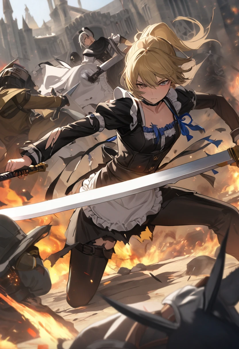 (8k, Best Quality, masterpiece:1.2),  ultra high resolution, Blonde, Small breasts,  black dress,  White Apron ,  Blue Ribbon , Gold A-line, Gold accents, Gothic maid outfit, Long, Burning Battlefield, Castle Defense, Large two-handed sword, (Western design sword), Sword fight, A strong enemy in front of me, Close race, Fierce Fight, Deadly Combat,  cornered, I&#39;m somehow managing to protect it all by myself., (Slashed by a sword:1,4), (Torn Apron:1.2), (Torn clothes:1.2), (Dirty clothes:1,2), (Dirty with ash and soot:1,4), Whole body dirt, scratch, Blood, Brandishing a sword with both hands, 