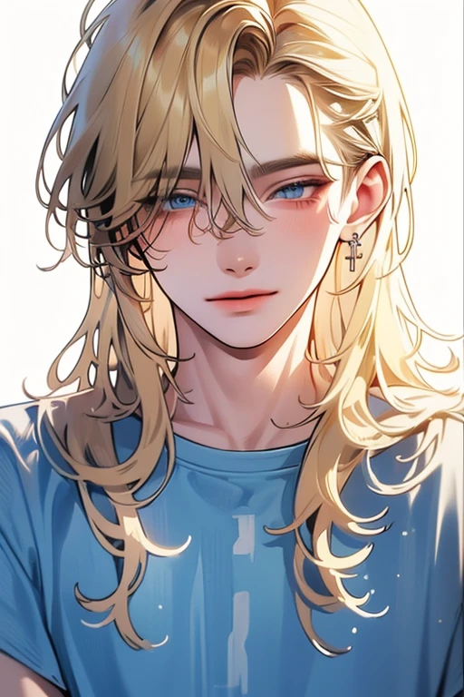 ( masterpiece , high resolution, highres,  Ultra detailed), 1 man,  wavy blonde hair , adult, Blue eyes, collect,  male focus,Beautiful face,  Casual clothing , charming, beautiful,  detailed eyes and face ,