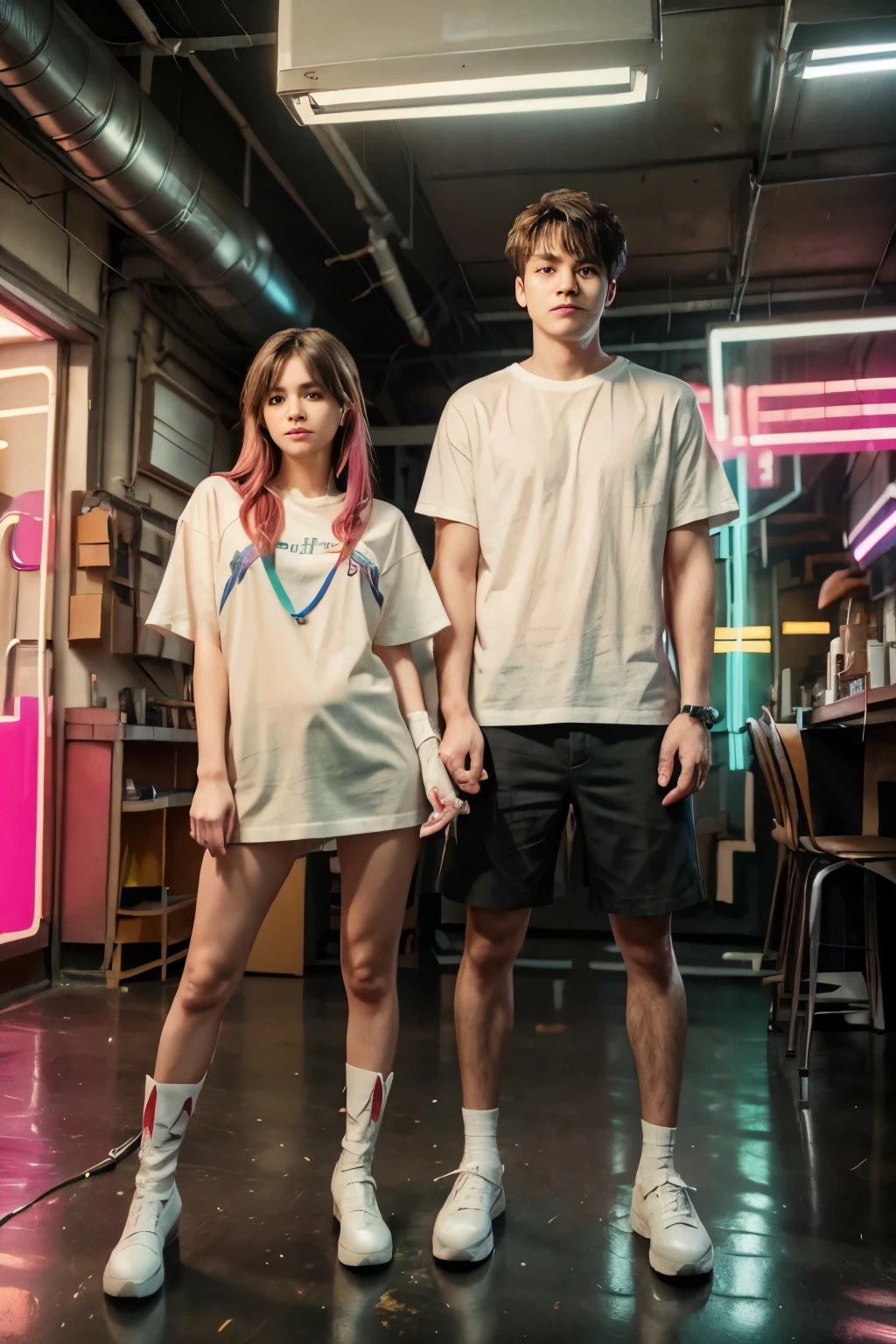 woman and man posing full body with a white t-shirt , Colored neon lights in the background