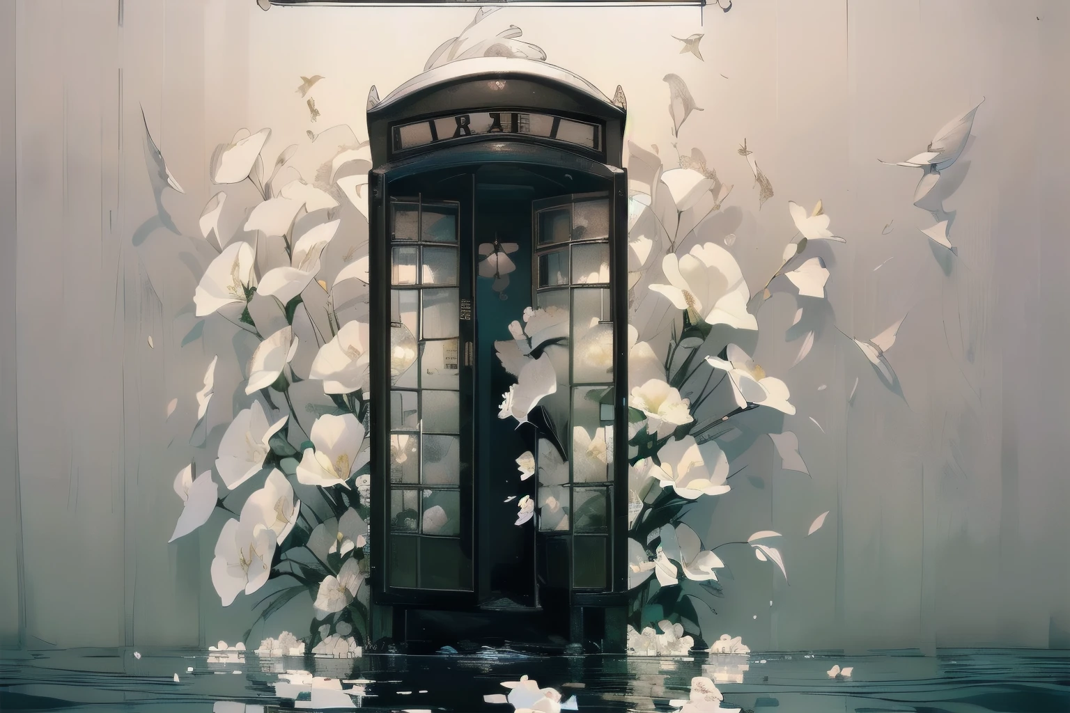 (((Masterpiece, top quality))), (((32K wallpaper))), ultra high resolution, gorgeous light leak, (((backlit))), highly detailed background, (((no humans))), highly transparent river, (((extremely detailed rusty black phone booth with many white flowers)),  (((( very dull color )))), (((( white flowers in the water))), (((White petals fly)))、Mr.々Angle