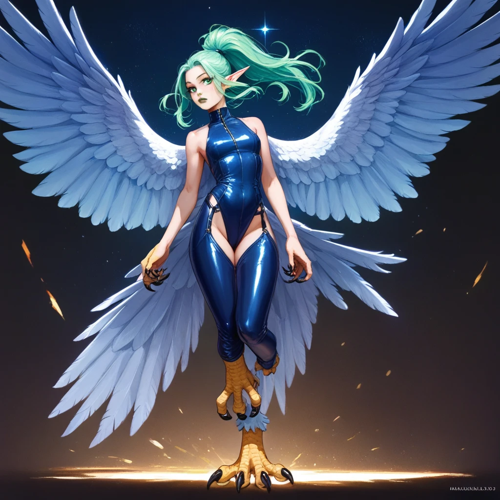 A harpy girl , Blue-green hair,  ponytail hair ,  green eyes,  black eyelashes ,  long eyelashes, green lips, Elf ears, sexy look,  navy blue leather leotard,  with navy blue leather tights , garters, bare belly,  feathered arms , The hands are claws ,  eagle claws , has claws instead of hands , hands with yellow claws , amarillas y  sharp black nails , eagle feet ,  legs that break the stockings ,  sharp black nails , purple sparkles . 